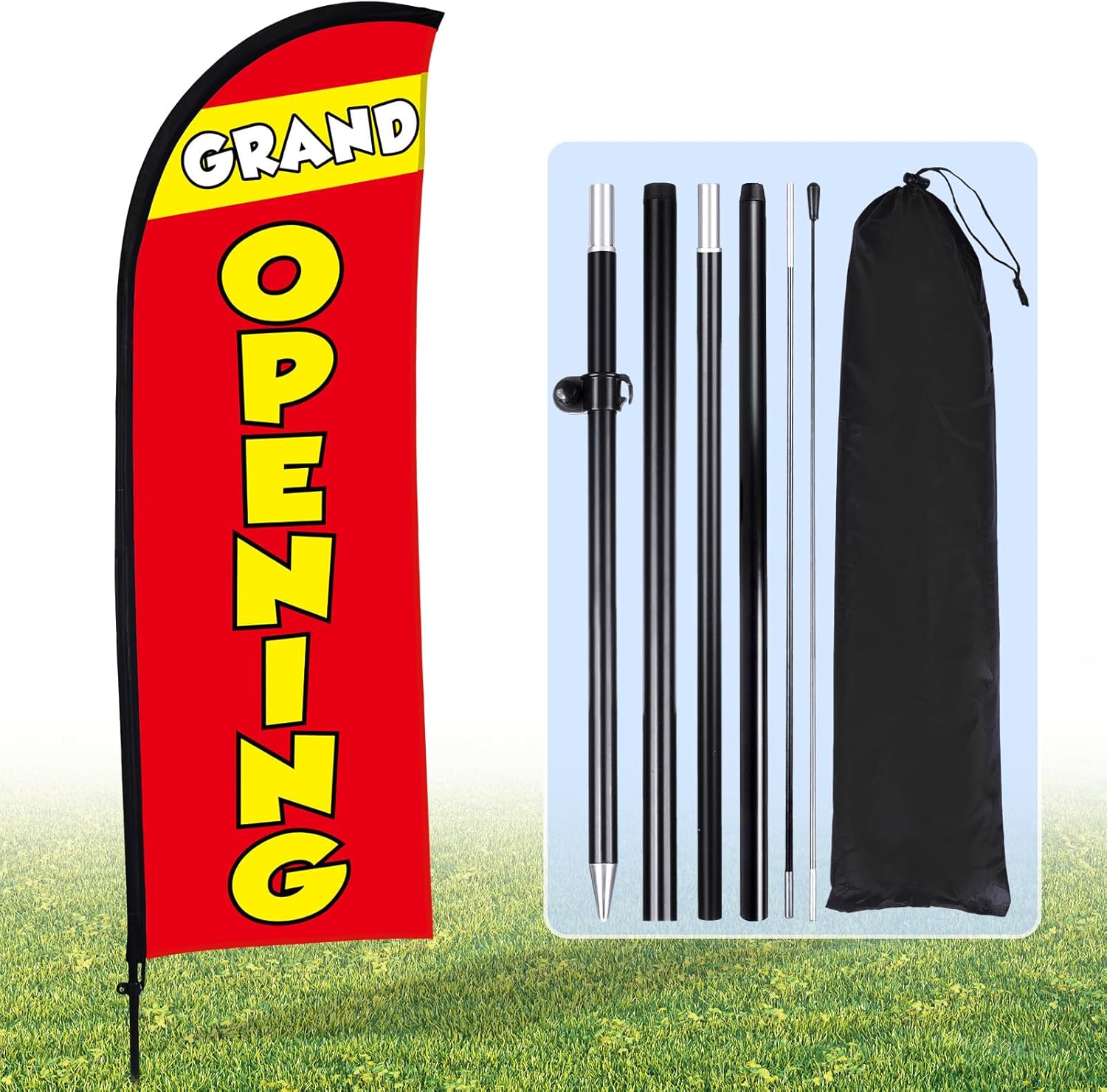 Buryeah Grand Opening Feather Flag, 7 x 5.4 ft Opening Flag Sign with Pole Kit, Grand Opening Signs for Retail Store Outside Garden Business Advertising (Black)