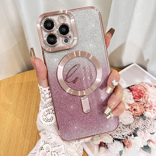 Miniatura 7 de Fiyart - Funda transparente magnética con purpurina para iPhone 13 Pro Max para mujeres, con grabado "Love" metálico, protección para cámara y