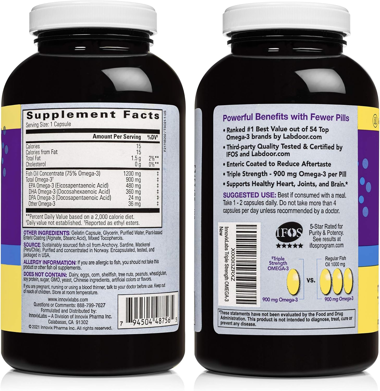 InnovixLabs Triple Strength Omega-3 Fish Oil, Concentrated 900 mg Omega-3 per Pill, Burpless Enteric Coated, Gluten-Free, High EPA & DHA for Heart, Brain & Joints, IFOS 5-Star Certified, 200 Capsules : Health & Household