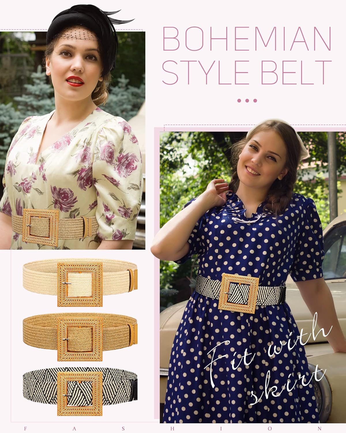 WILLBOND 3 Pcs Straw Woven Belts Elastic Raffia Belts for Women 2025 Rattan Buckle Waist Band for Bohemian Dress Braided Band - Image 3