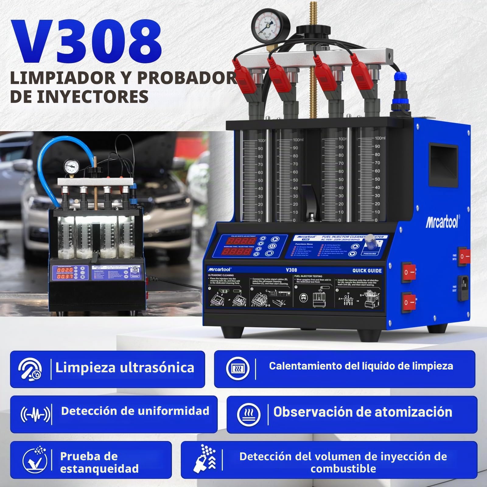 MR CARTOOL V308 - Limpiador de inyectores de 4 cilindros, 220 V, sistema de combustible ultrasónico, limpiador para vehículos diésel y gasolina y motocicletas