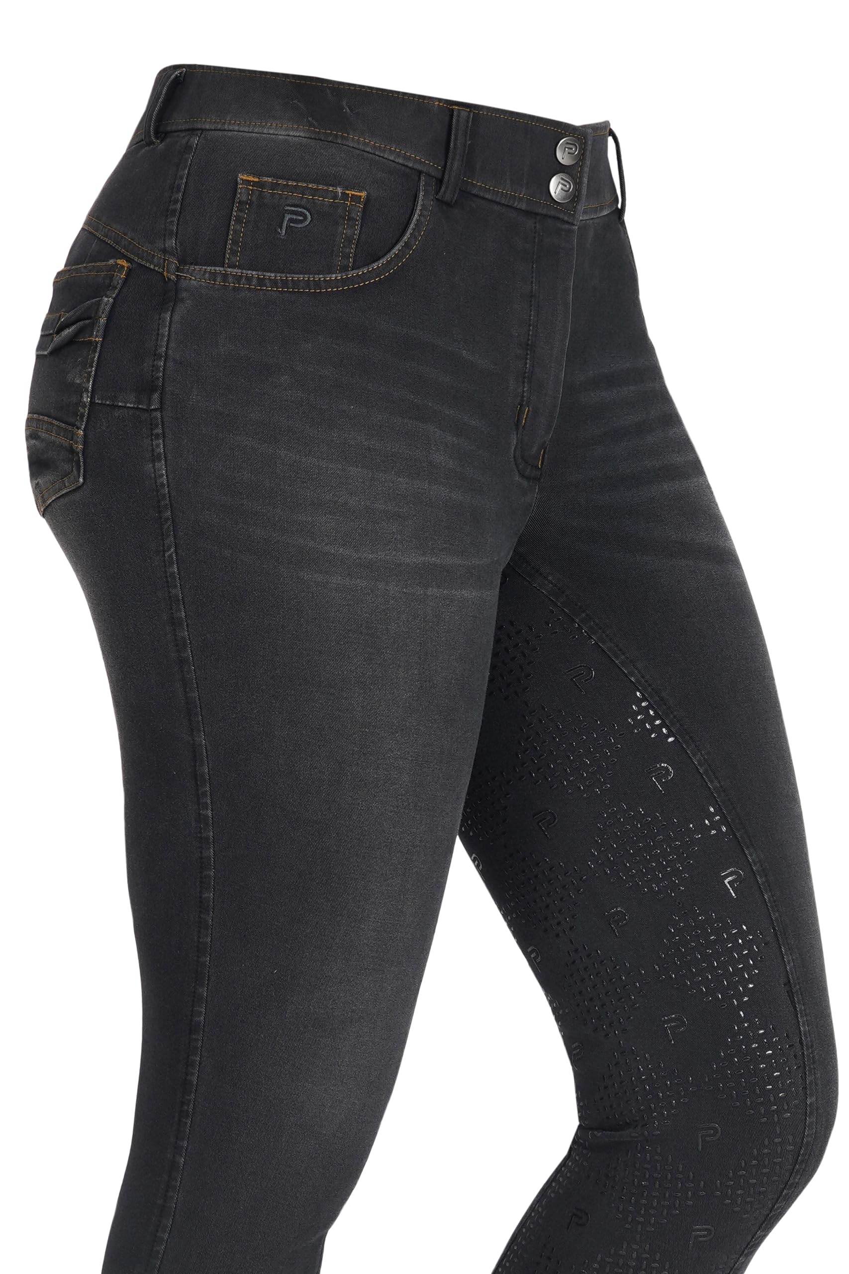 Preto Pantaloni da equitazione da donna in denim di alta qualità, con seduta completa, impugnatura in silicone, morbidi ed elastici, pantaloni da equitazione con tasche