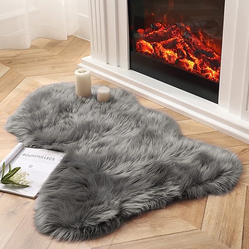 Ashler Faux Fur Rug, Fluffy Shaggy Area Rug Ultra Soft 2.3 x 3.3 Feet Sheepskin Fur Rug, Dark Grey Fuzzy Rug Machine Washable Shag Rug, Nursery Decor Throw Rugs for Bedroom, Kids Room, Living Room