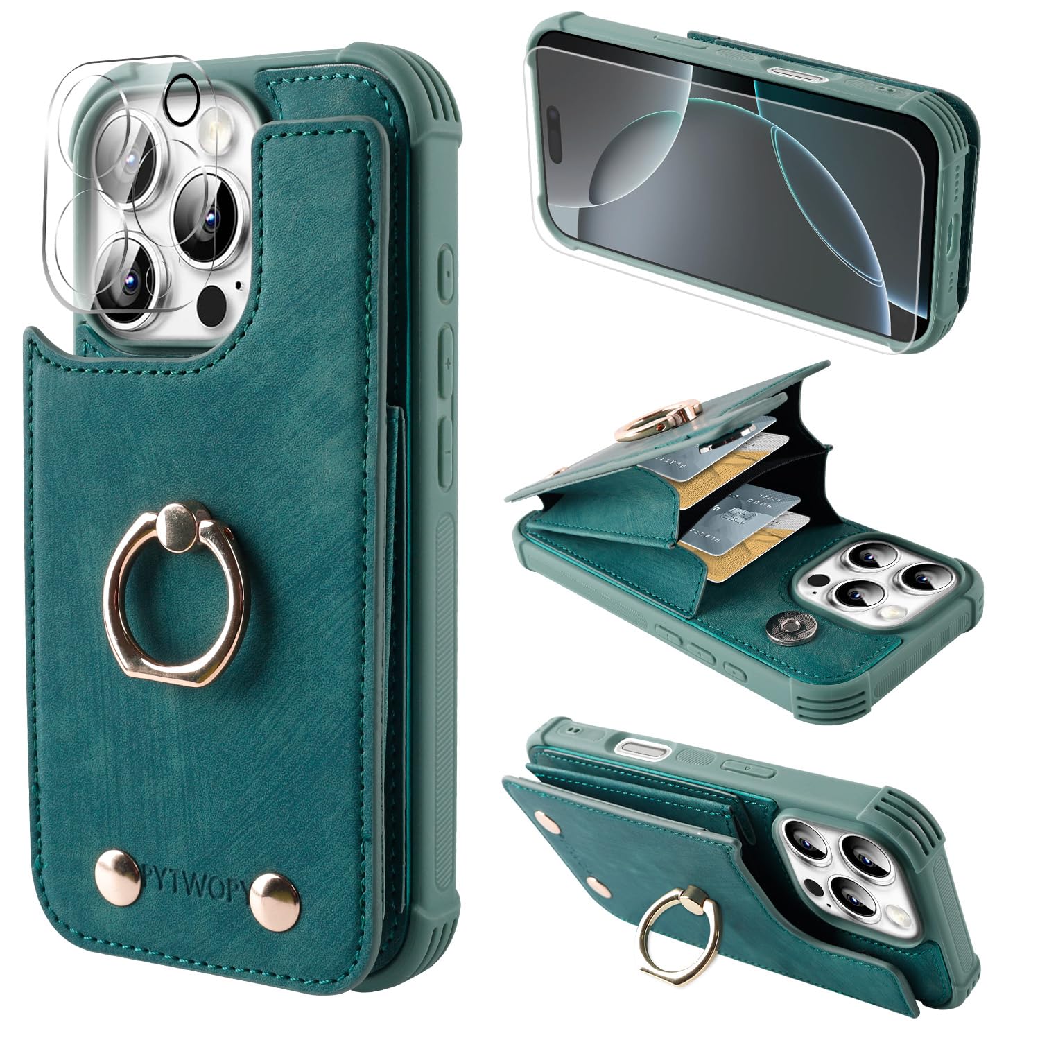 PYTWOPY Wallet Case Compatible for iPhone 16 Pro 6.3 inch with Credit Card Holder,Shockproof Protective Phone Cover Supports 360°Rotation Ring Stand