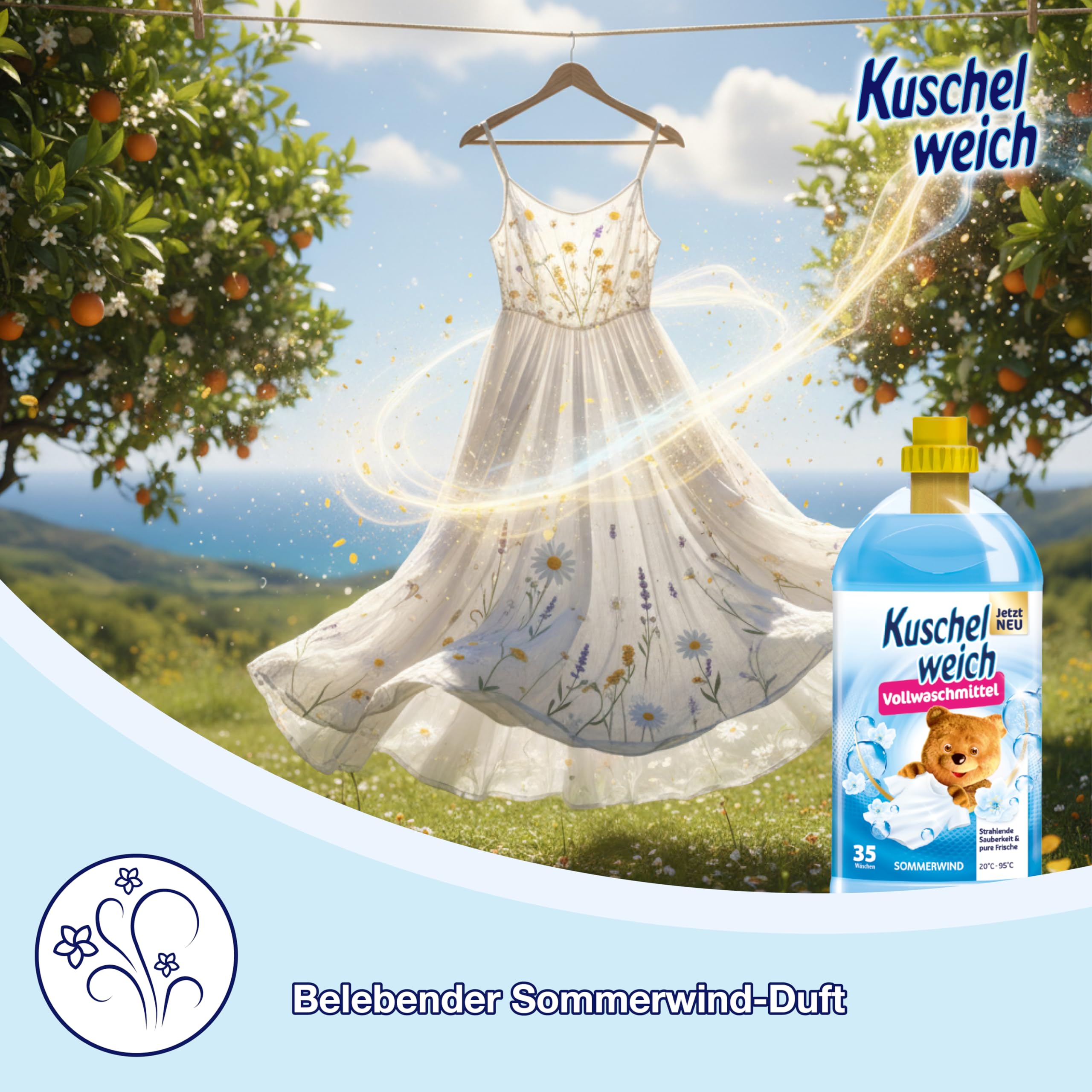 Kuschelweich Detergente completo de viento de verano (XXL: 105 WL) – Detergente líquido para 100 + 5 lavados – Detergente líquido (3 botellas) para ropa blanca