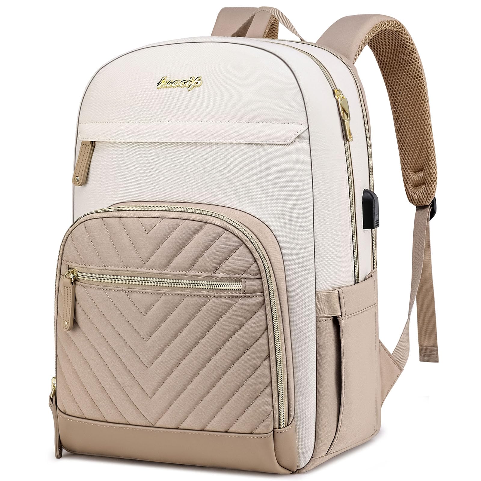 Laptop Backpack for Women Work Bookbag: 15.6 Inch College Backpacks with USB Charger Anti-Theft School Book Bag for Students Causal Travel Bookbags for Girls Nurse Teacher Back Pack Khaki Beige 4-khaki Beige