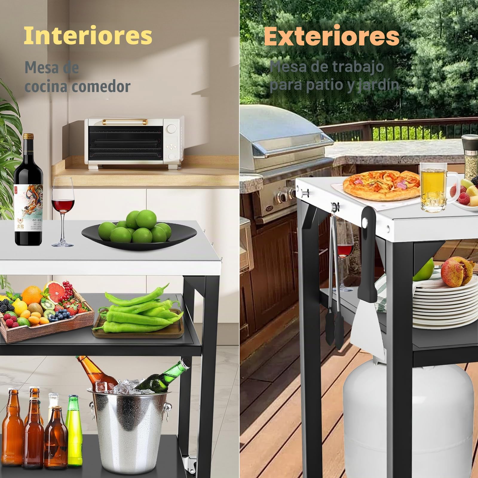 GFTIME Carro de mesa para horno de pizza, para Ooni, Ninja Woodfire, Blackstone Griddle, Weber Q, carrito grande de isla de cocina multiusos, soporte para barbacoa al aire libre, mesa de barbacoa de