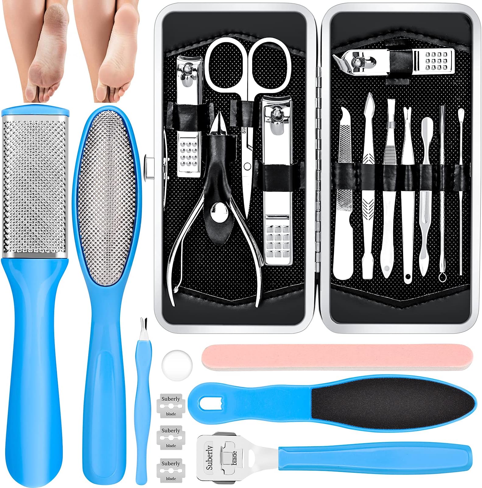 AMEILOZ 23 in 1 Professional Pedicure Tools Stainless Steel Foot Care and Nail Tools Set, Blue