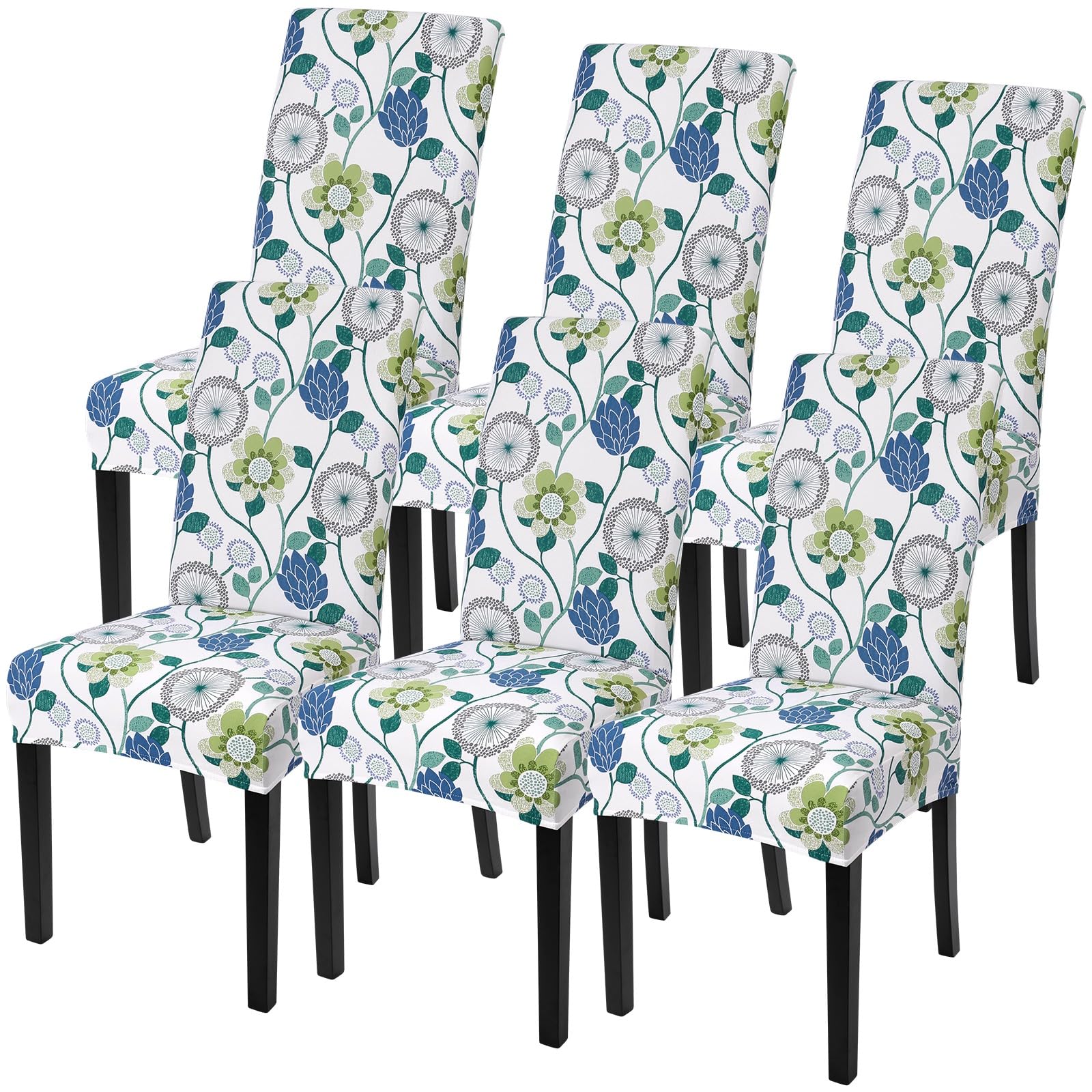 SearchI Printed Dining Room Chair Covers Set of 6, Stretch Kitchen Chair Covers Washable Parsons Chair Slipcover Removable Dining Chair Protectors for Hotel,Ceremony(Green Flowers)