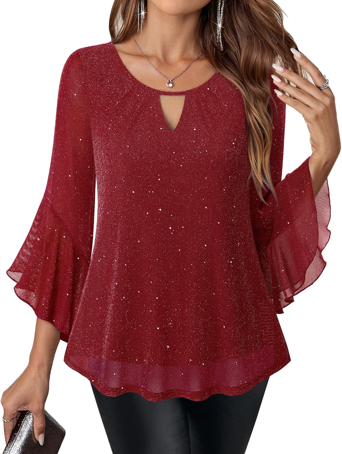 VALOLIA Womens Sparkly Tops Dressy Ruffle 3/4 Sleeve Blouses Glitter Cocktail Party Evening Shirts