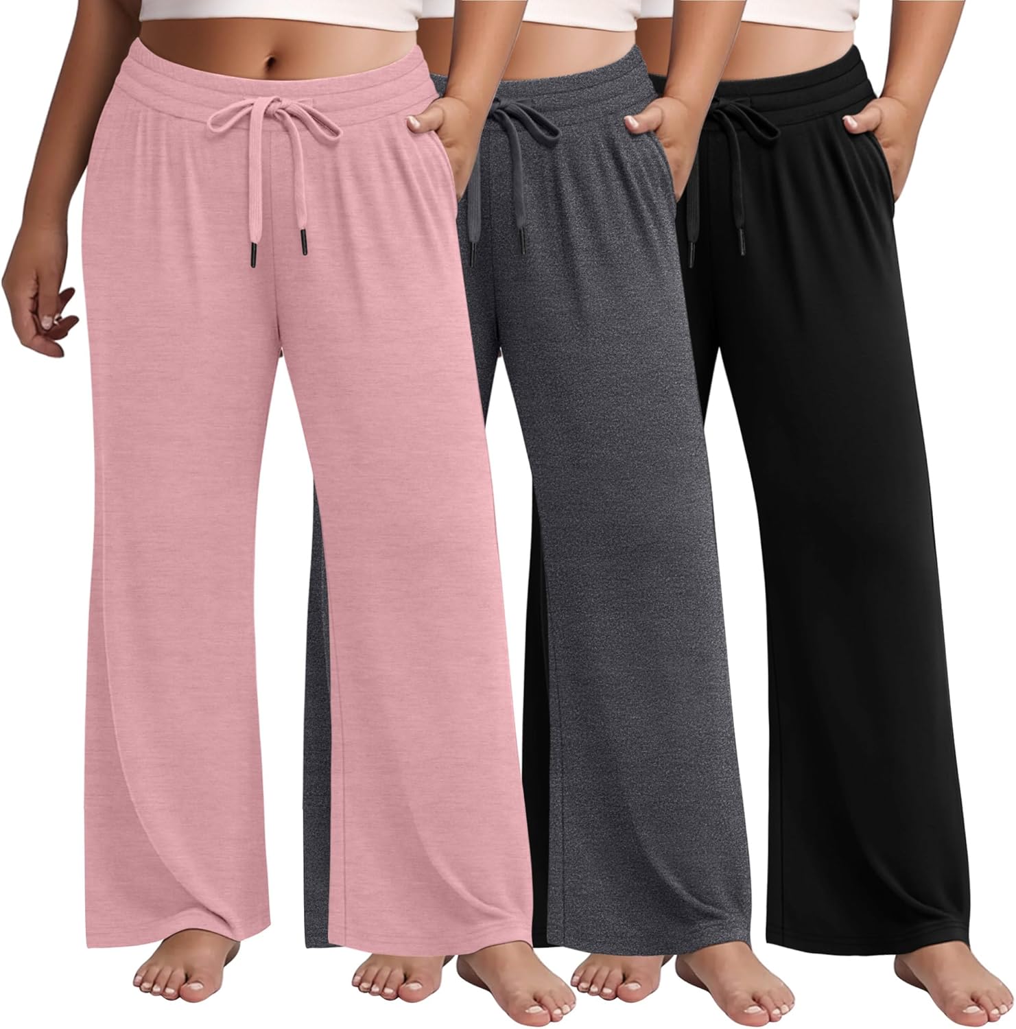 Huukeay 3 Pack Women's Plus Size Pants Wide Leg Yoga Pants Baggy Lounge Sweatpants with Pockets Drawstring High Waist Jogger