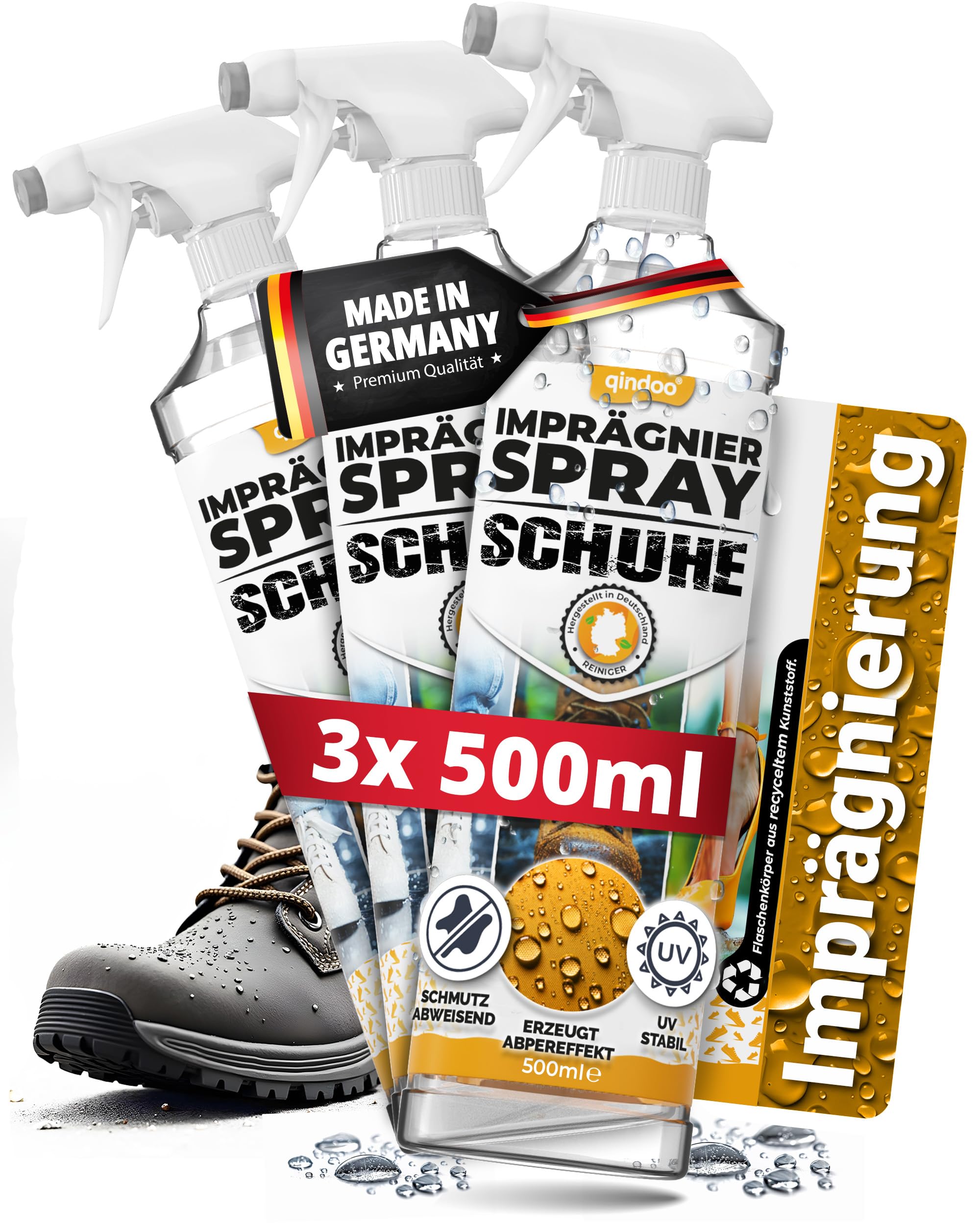 Imprägnierspray Schuhe, Sneaker Schutz für Leder, Textil & Stoff, Regen, Nässe & Schmutz Atmungsaktiv & Farbneutral, PFC Frei, Made in Germany 1,5 L (3er Pack)