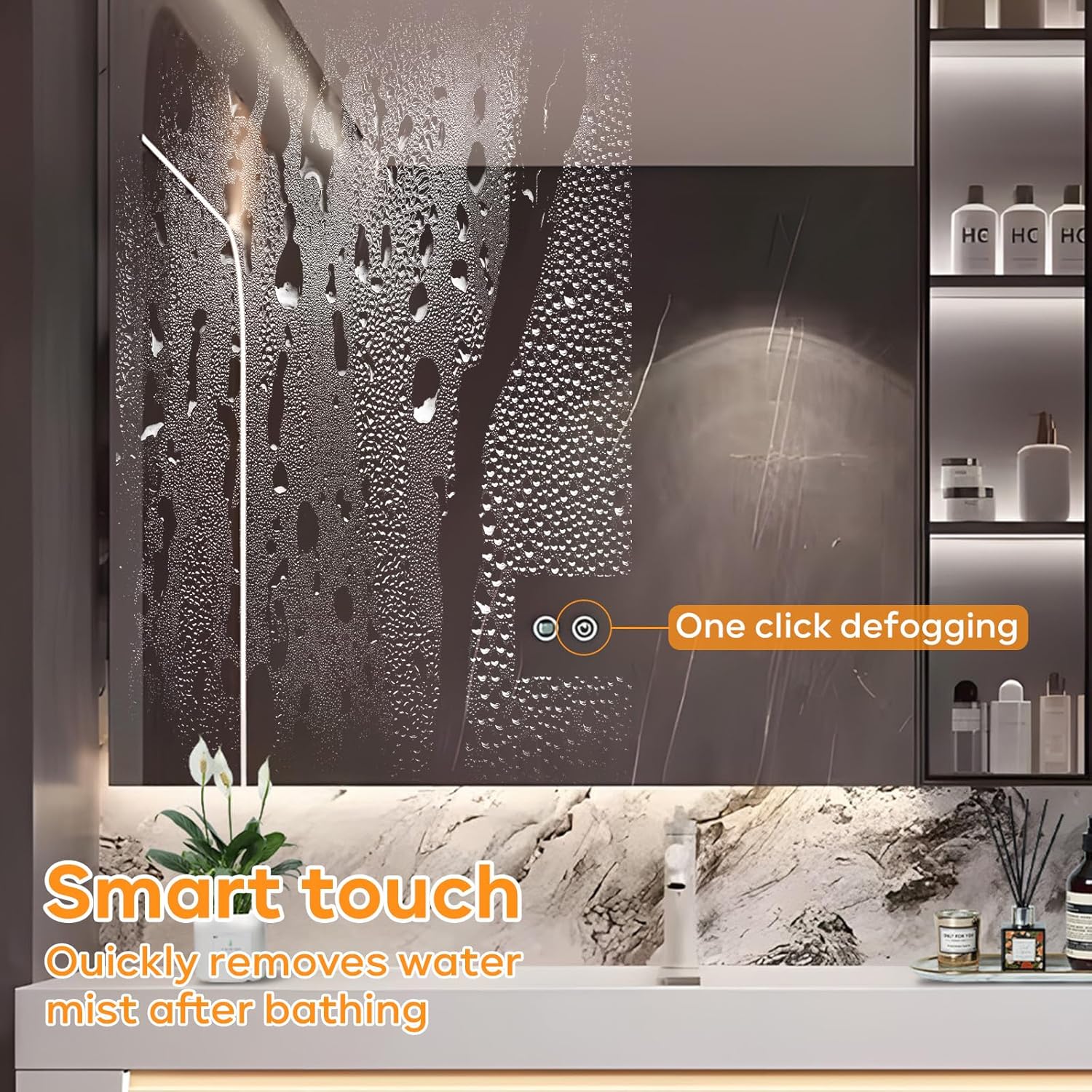 A smart touch LED mirror with a defogging function activated by a single touch, showing one side of the mirror clear of mist and the other side still fogged.