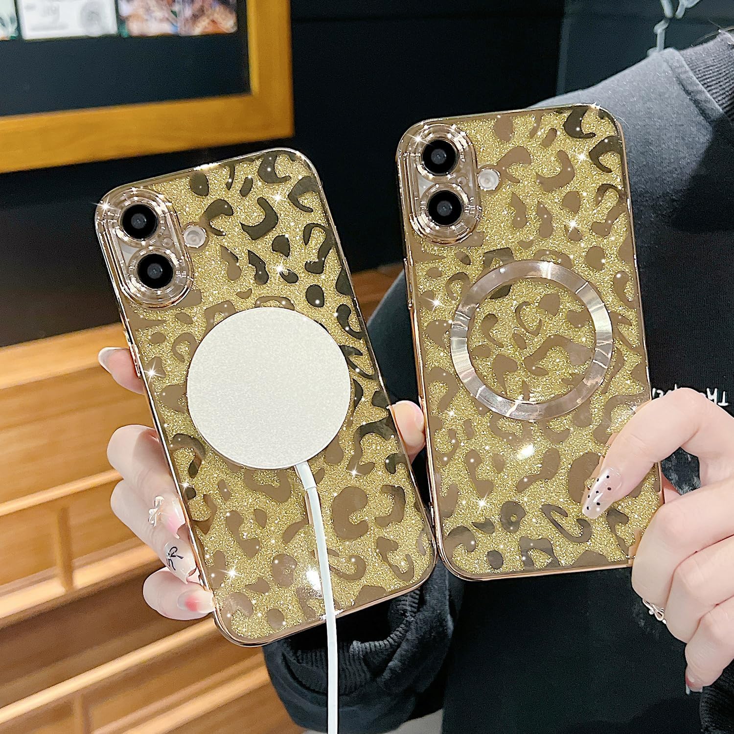 for iPhone 16 Plus Case Magnetic,Soft Cute Luxury Leopard Cheetah Pattern Plating Glitter Bling Phone Case Compatible with MagSafe Clear Shockproof Back Cover for Women Girl 6.7"-Gold - Image 3