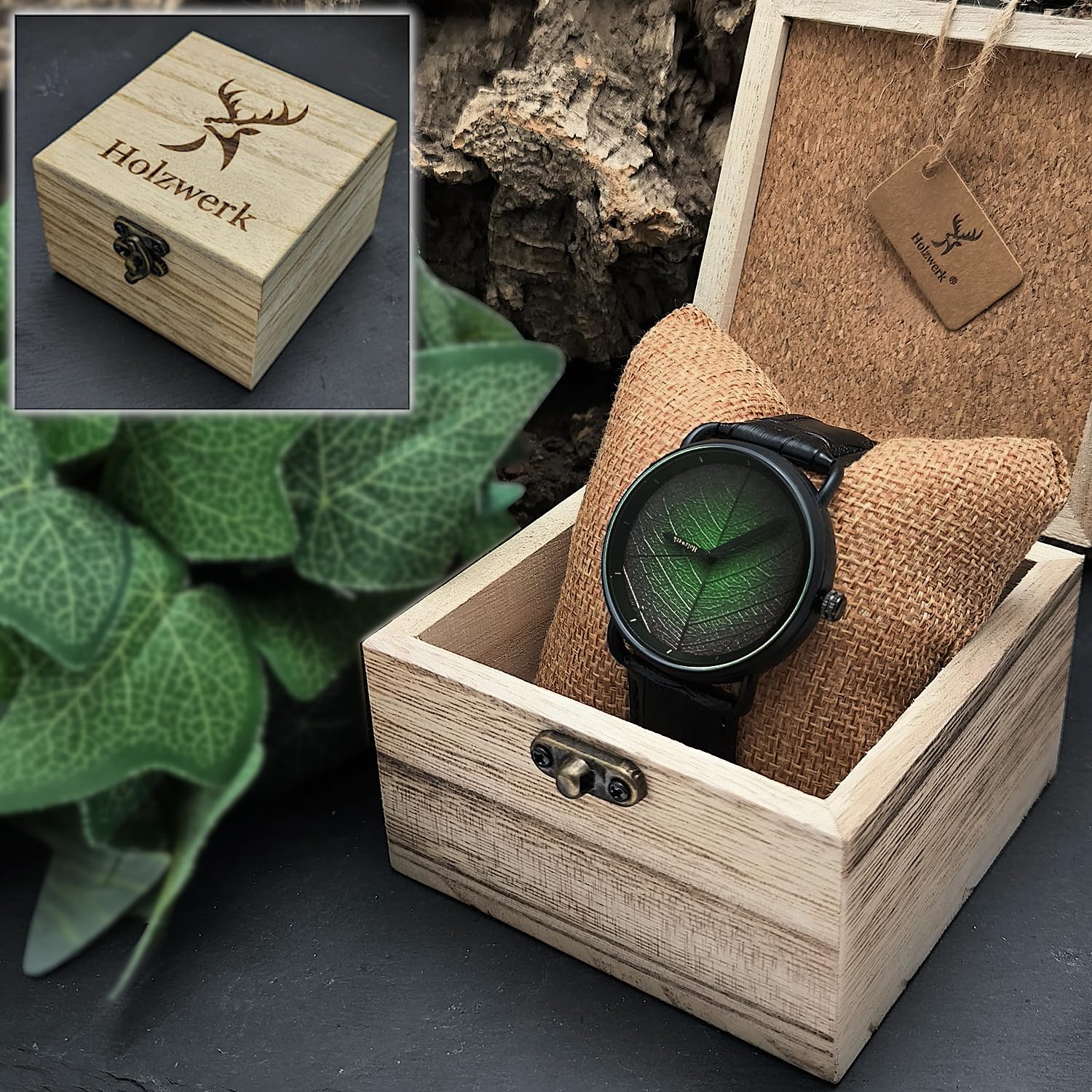 Holzwerk Germany® Męski zegarek damski unisex naturalny zegarek na rękę analogowy zegarek kwarcowy czarny zielony z tarczą, zielony, Pasek