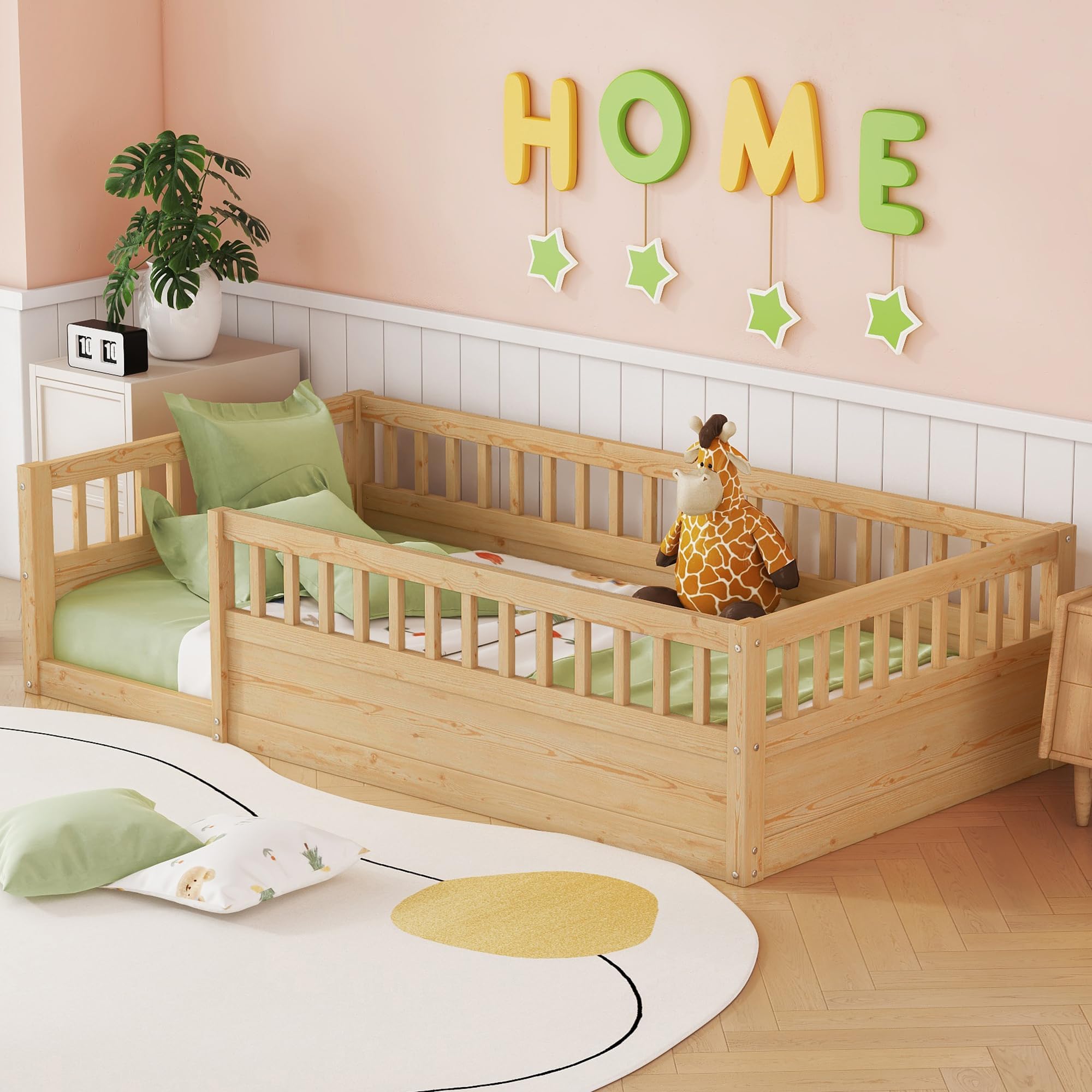 Twin Size Montessori Floor Bed, Solid Wood Playhouse Bedframe with Safety High Fence for Kids, Girls, Boys, Bedroom, Playroom, Easy Assembly & No Box Spring Needed, Natural