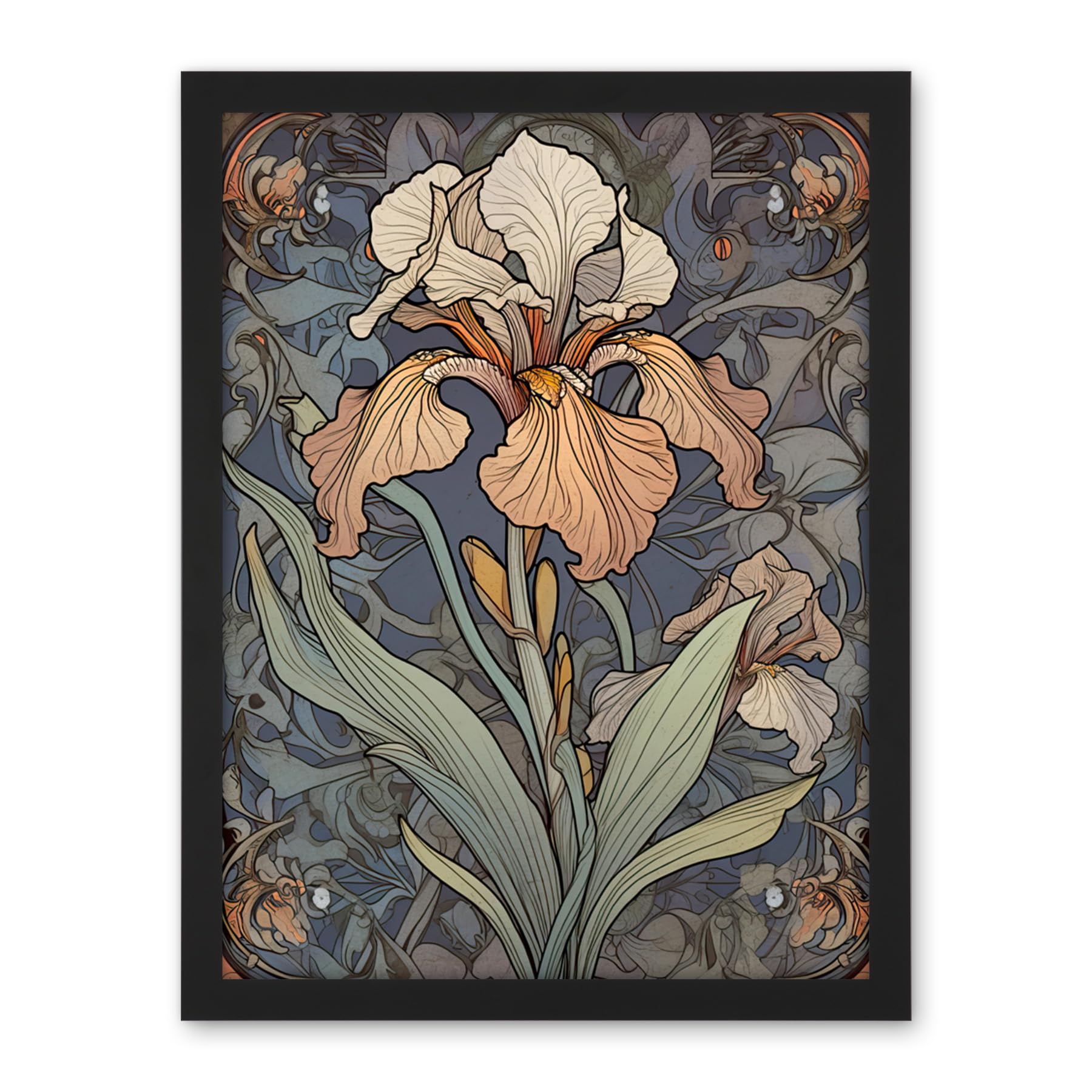 Artery8 Art Nouveau Style Iris Bloom Flower Watercolour Artwork Framed Wall Art Print 18X24 Inch