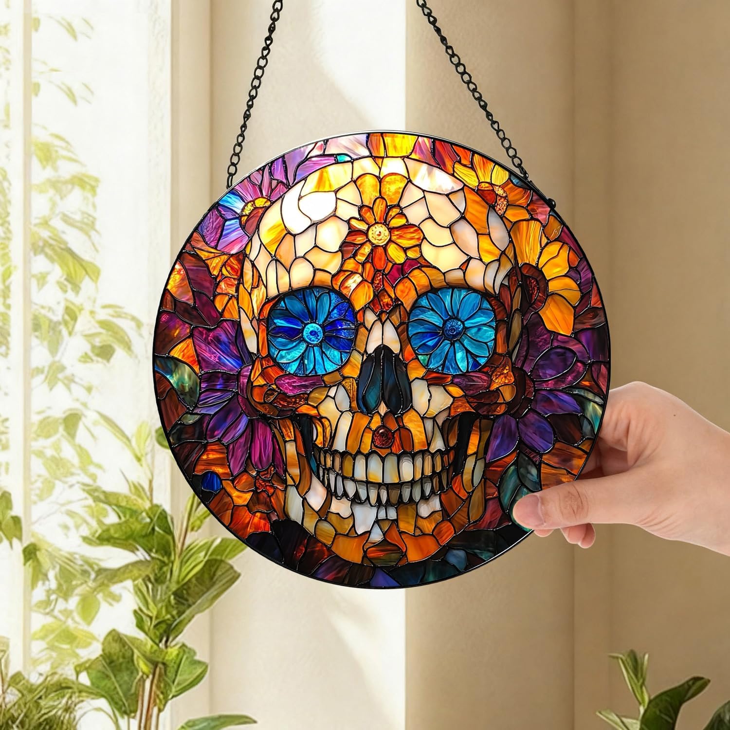 Stained Glass Sugar Skull Suncatcher - 7.9" Real Glass Day of the Dead Calavera Window Hanging, Weatherproof Gothic Boho Decor, Floral for Women Men Skull Lovers