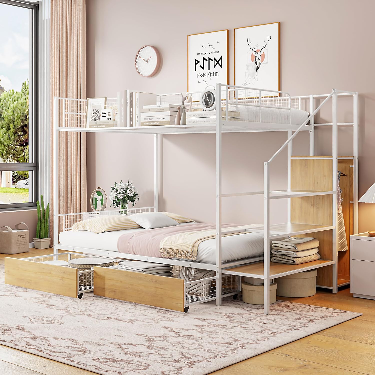 Linique Twin Over Full Metal Bunk Bed with Drawer and Wire