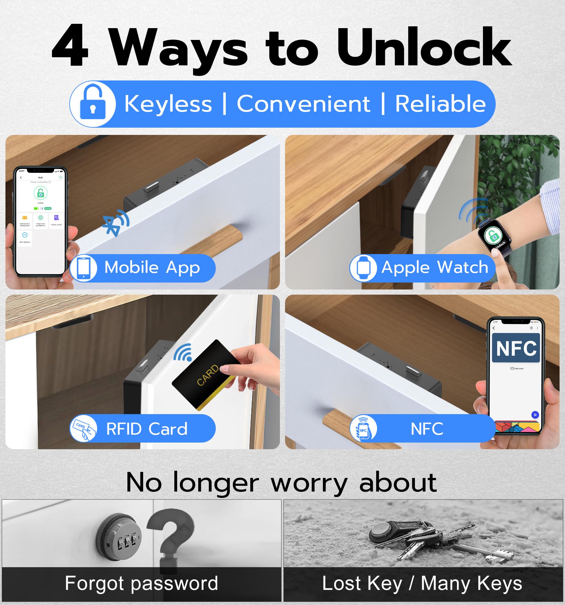 Smart Cabinet Lock, Foxlock 3 in 1 Hidden Magnetic Cupboard Locks, No Drill Adhesive Bluetooth RFID Keyless Drawer Lock, Baby Cupboard Safety Locks for Children Liquor File Desk Dresser, Black - Image 2