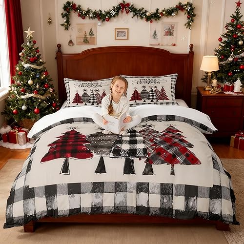 Miniatura 3 de Juego de funda de edredón con diseño de árboles de Navidad, tamaño King, diseño de cuadros geométricos, teñido anudado de tinta, para niñas, niños y