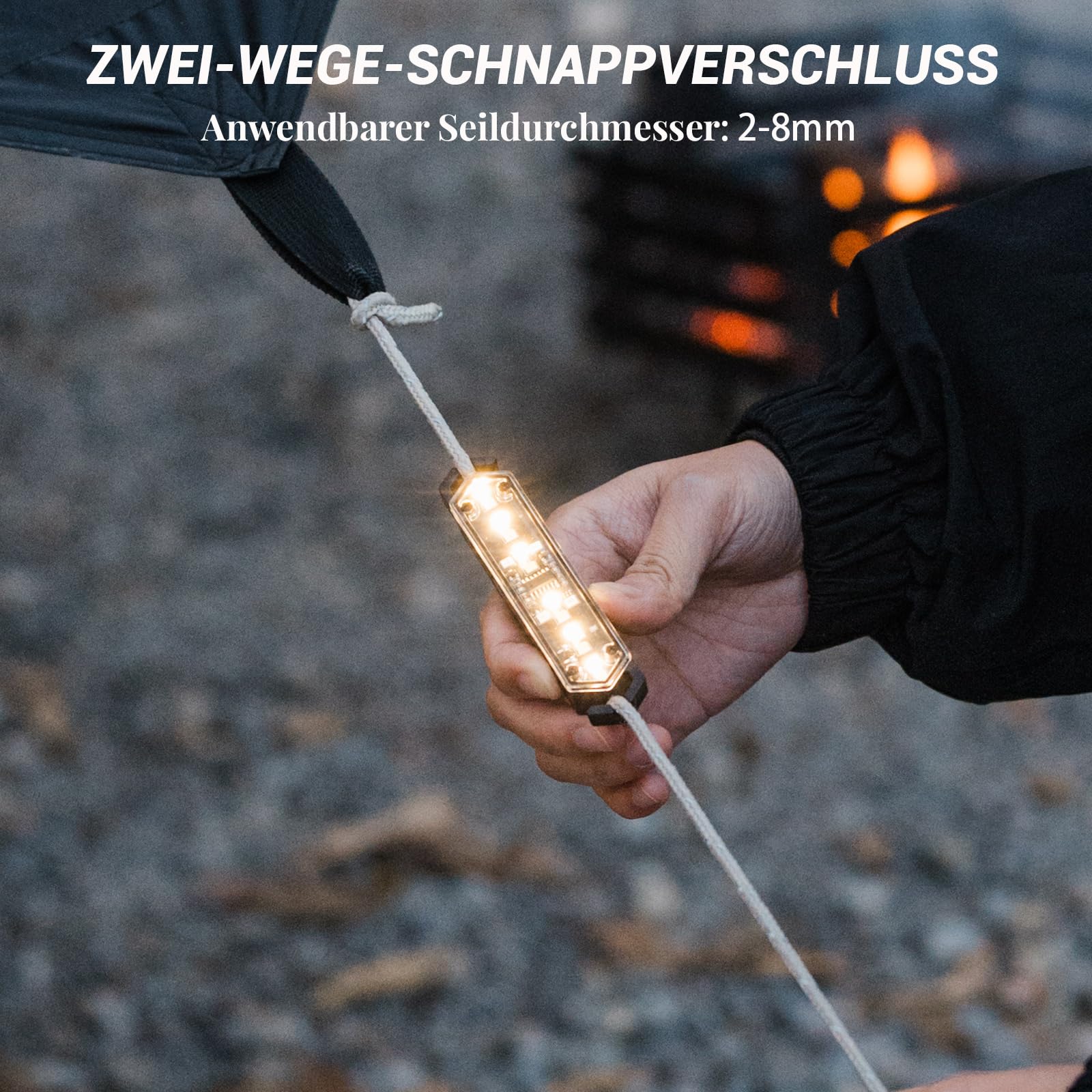 AVEKI LED Camping Lampe, 7 Modi Dimmbar Camping Licht für das Zeltseil, IPX4 Wasserdicht Outdoor Lampe Magnetisch & Schnappen, Aufladbar Zeltlampe Für Seile mit 2-8mm Durchmesser Geeigne