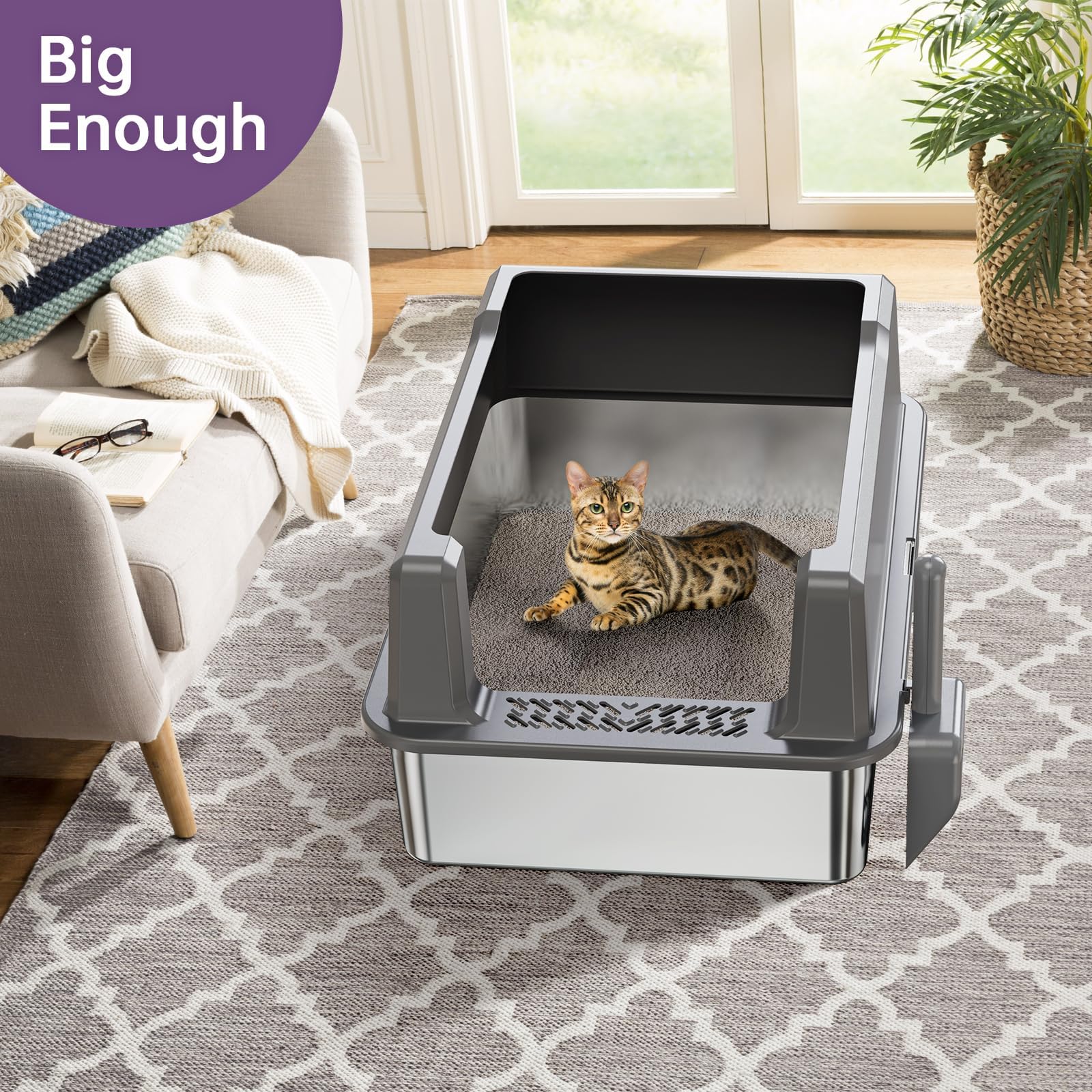 XXL-Katzentoilette aus Edelstahl mit hoher Seite, 66 cm L x 45,7 cm B x 30,5 cm H, extra große Katzentoilette für große Katzen und mehrere Katzen, Katzentoilette mit Anti-Urin-Auslauf, leicht zu