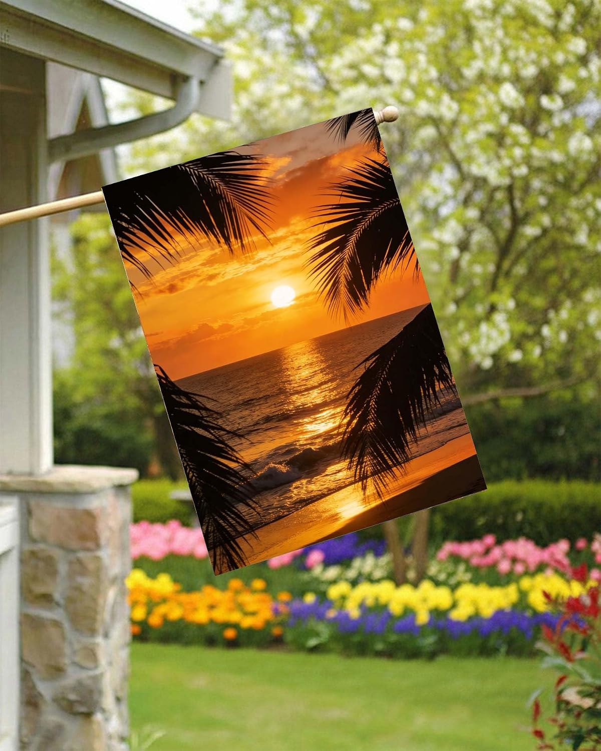 Tropical Beach Ocean Sea Palm Tree Summer Sunset House Flag 28" x 40" Double Sided Polyester Welcome Yard Garden Flag Banners for Patio Lawn Home Outdoor Decor