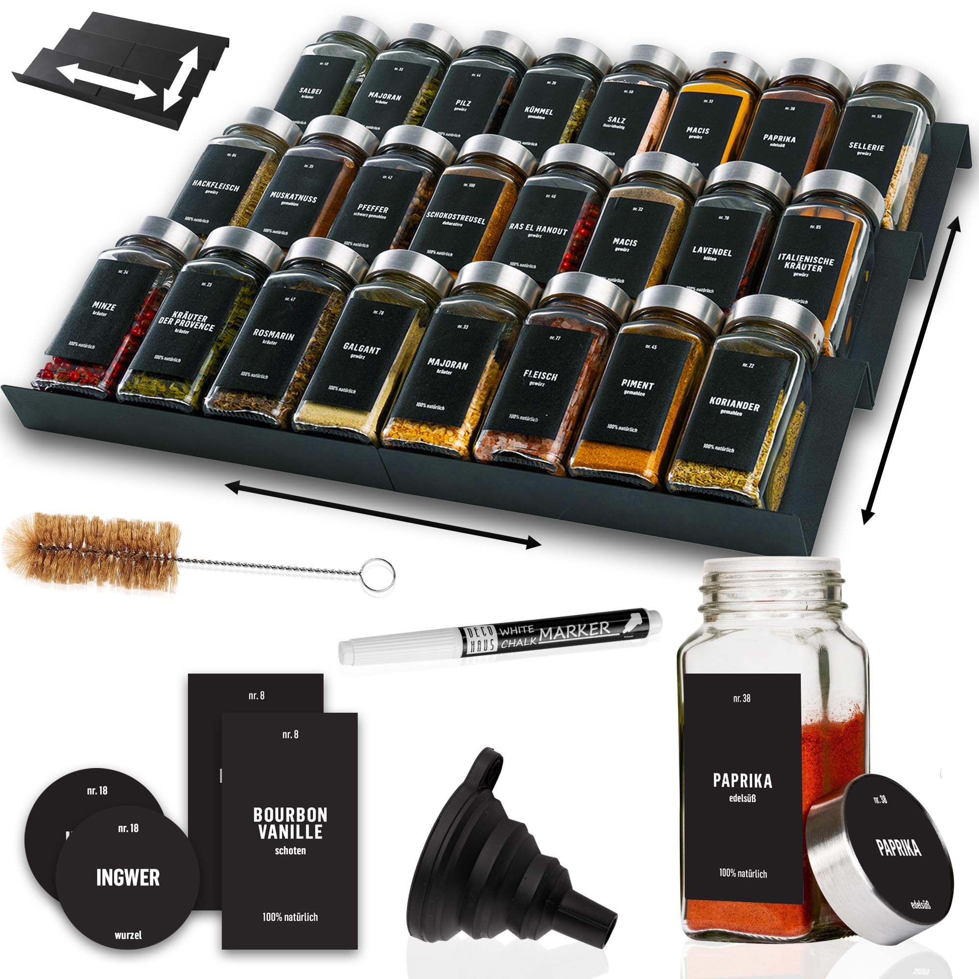 Deco haus® Gewürzregal Schublade [MIT 24 GEWÜRZGLÄSER & ETIKETTEN] - Gewürze Organizer - Gewürzeinsatz Schublade - Gewürzschublade Organizer mit Gläser - Schubladeneinsatz Gewürze