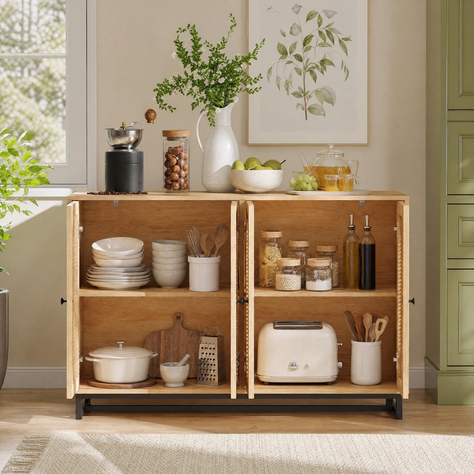 GIANTEX Credenza da Cucina a 4 Ante, con Rattan Decorativo, 126x40x81 cm | Mobile Contenitore Moderno in Legno con Ripiano Regolabile, Dispensa Buffet Lunga e Salvaspazio per Salotto e Ingresso