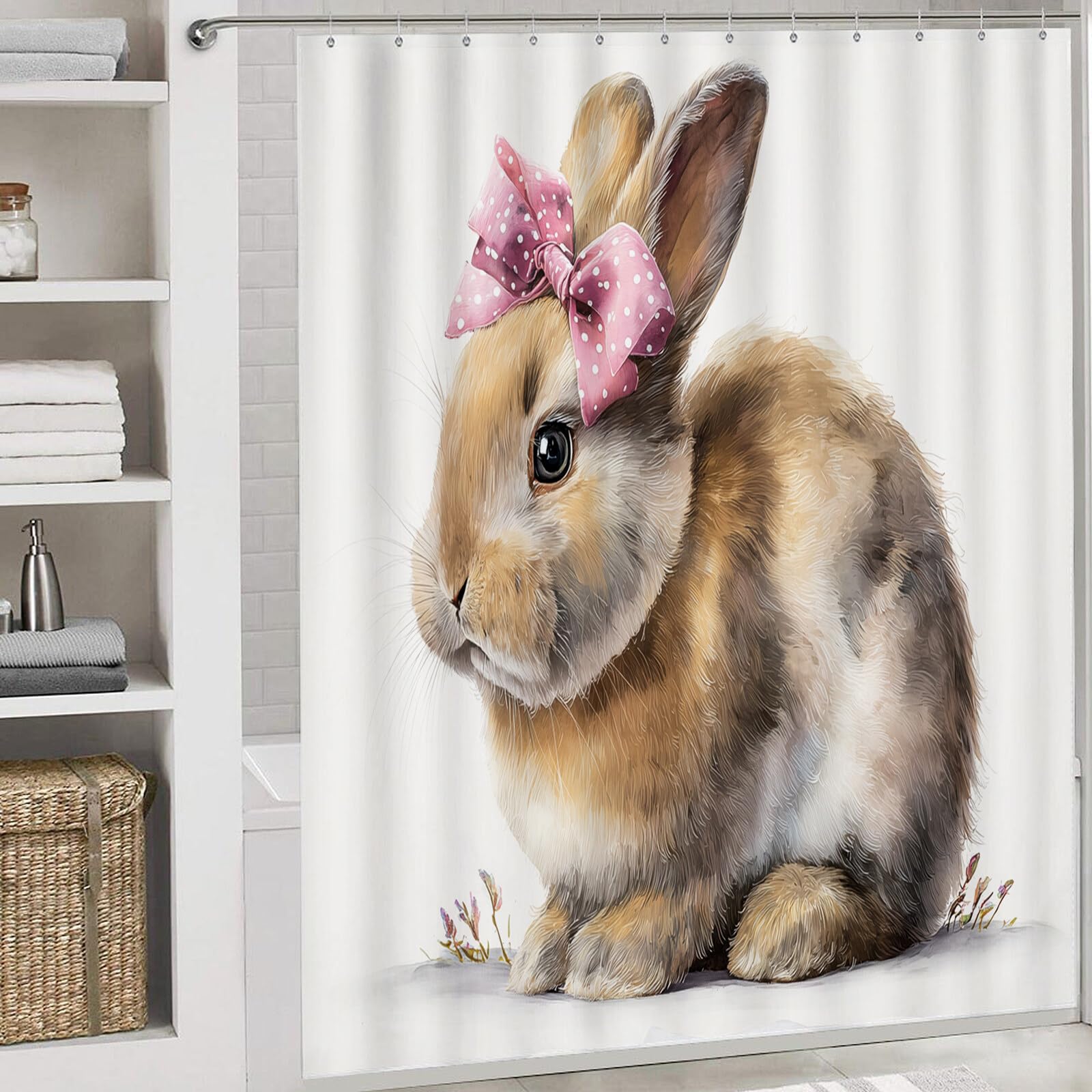Lapin À Nœud Rideau De Douche, Animaux À L'Aquarelle Material Resistente Al Agua Durable Estampa Digital, Brun