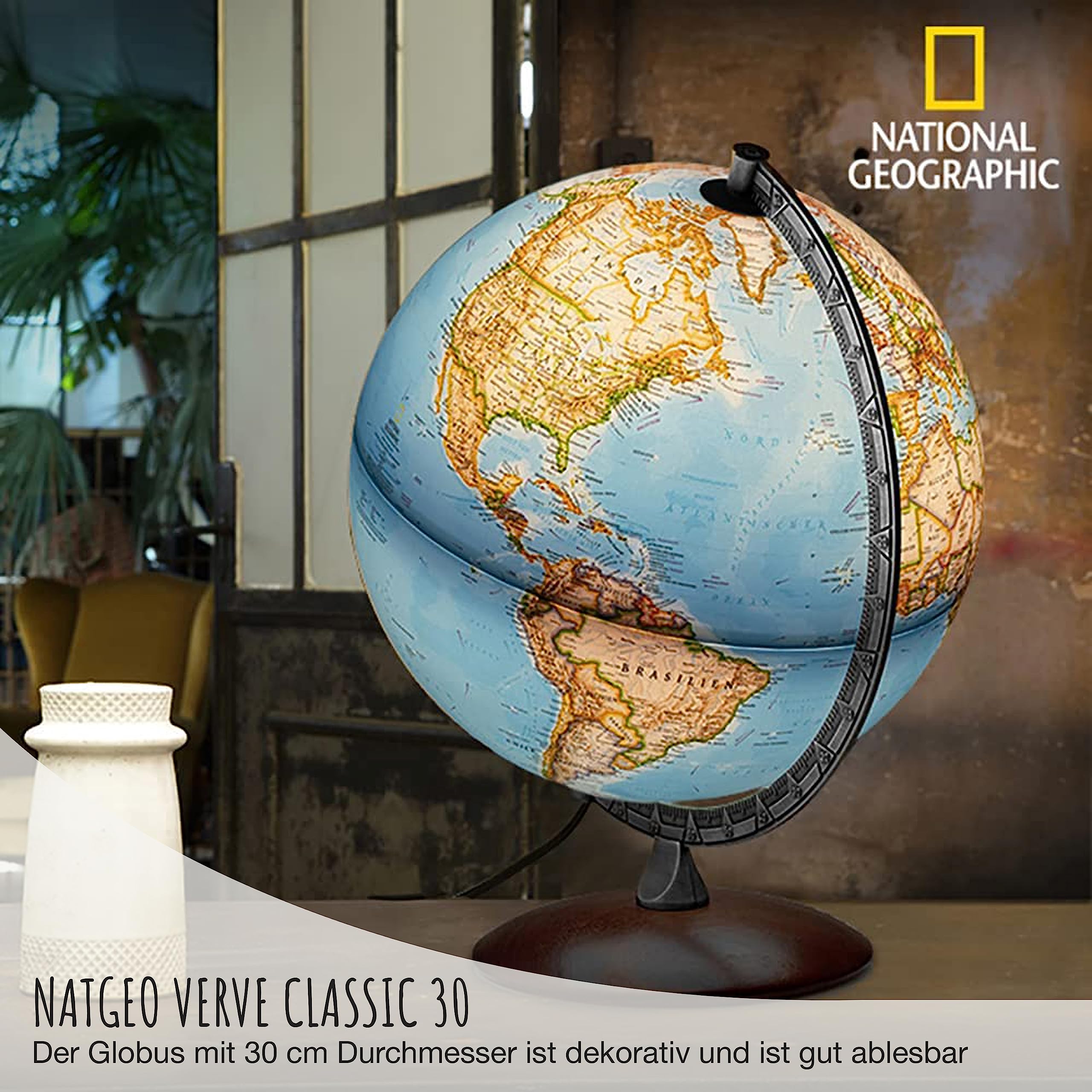 National Geographic Verve Classic Leuchtglobus - 30 cm Globus mit politisch-physischer Kartografie in deutscher Sprache, beleuchtet und mit drehabren Holzfuß und Metallmeridian