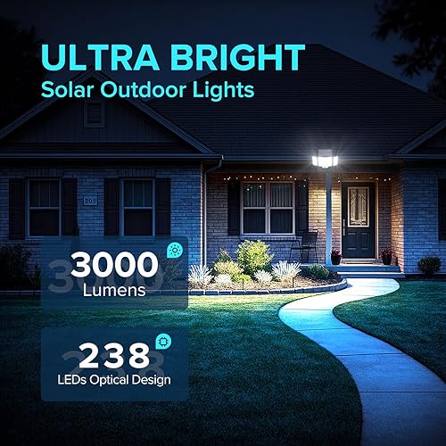 Miniatura 7 de JJX Luces solares para exteriores, 3000 lúmenes, 238 LED, 1 paquete de 3 cabezales con sensor de movimiento, luces para exteriores, 6500 K, IP65,