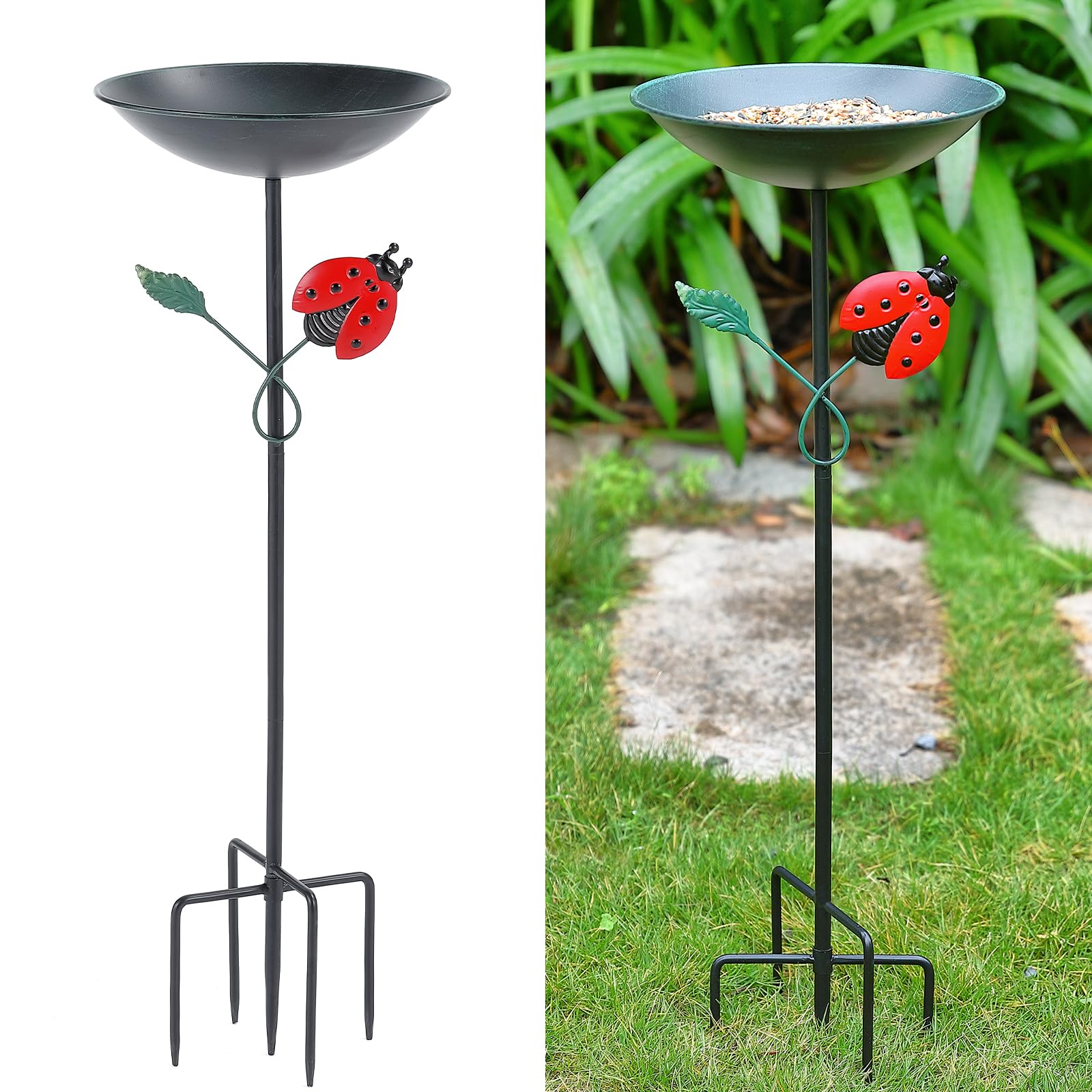 CaliDecor 31.9" H Metal Bird Bath for Outdoors, Metal Birdbaths with Stake Bird Feeder for Outside with Ladybug Decor for Garden Yard Patio Porch