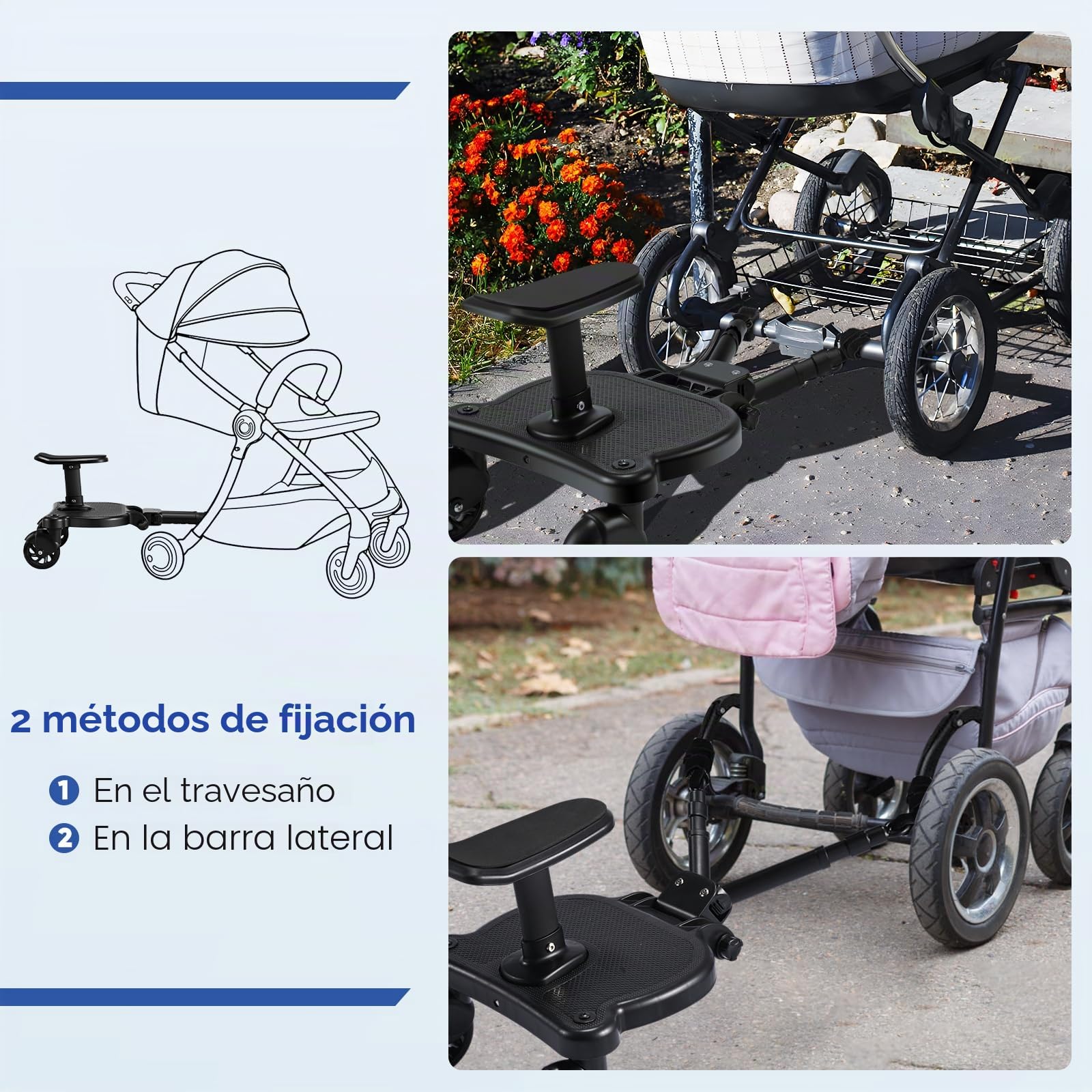 Patin Carro Bebe Universal con Asiento,Buggy Board para niños con bolsa,Diseño estable de dos ruedas, con correa de suspensión,Accesorio para cochecito para niños de 2 a 6 años (25 kg),negro