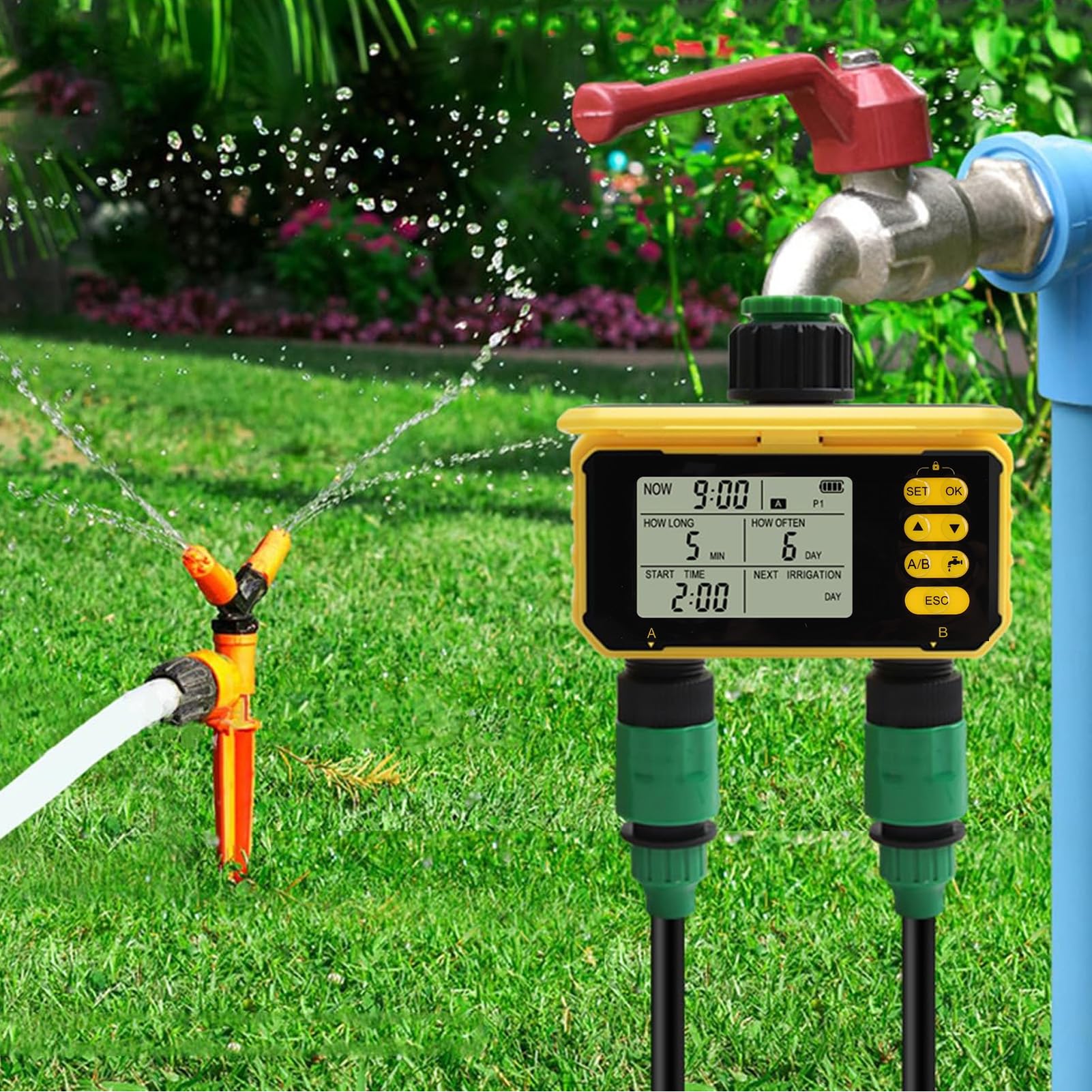 Fockety Inteligentny WiFi Water Timer, 2-strefowy zewnętrzny solarny WiFi Sprinkler Timer do węża ogrodowego z opóźnieniem deszczu, ręczne/automatyczne podlewanie