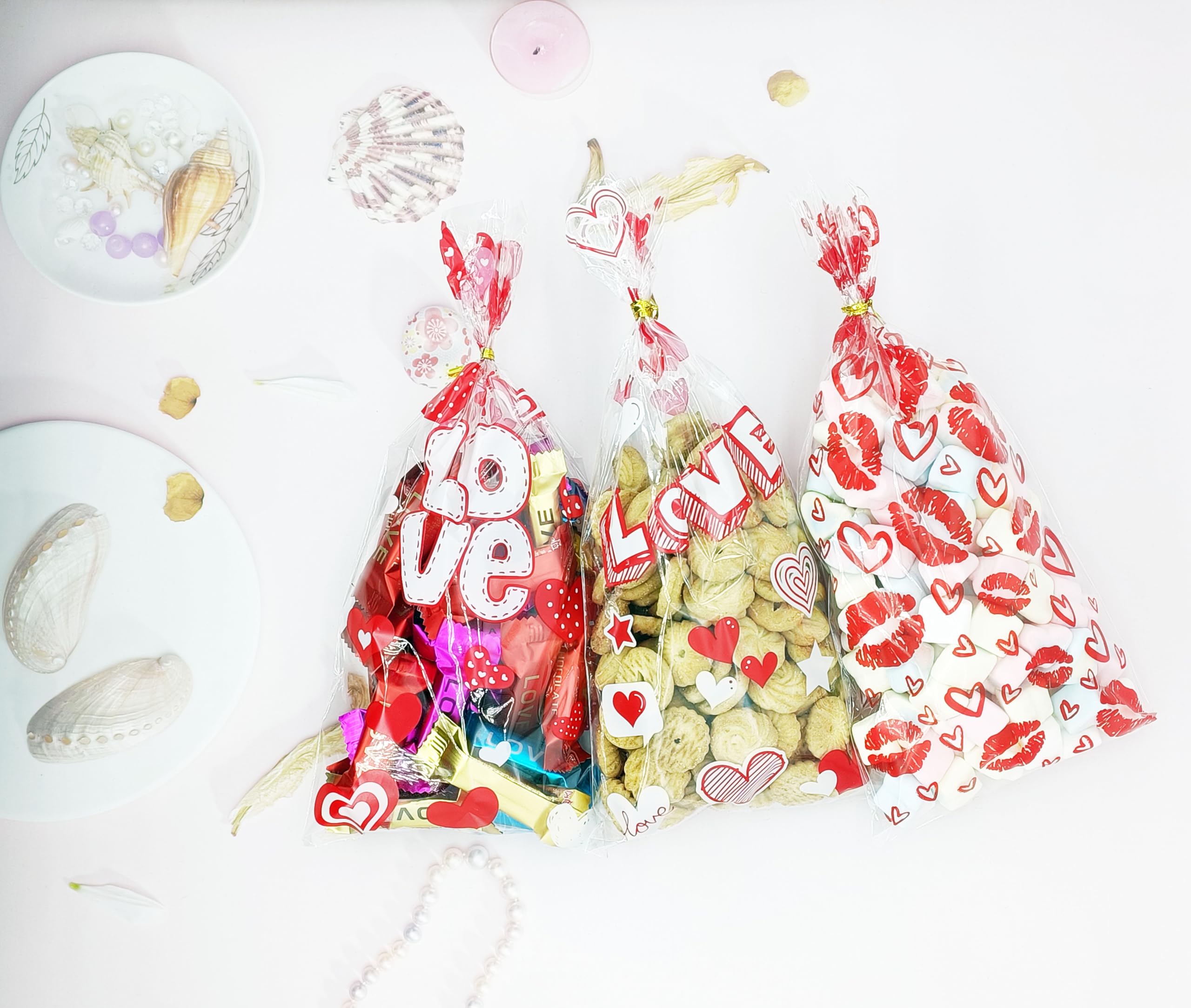 MENDERRY Sacchetti regalo in cellophane per San Valentino, 200 pezzi, in plastica trasparente, con 220 lacci intrecciati e 8 motivi