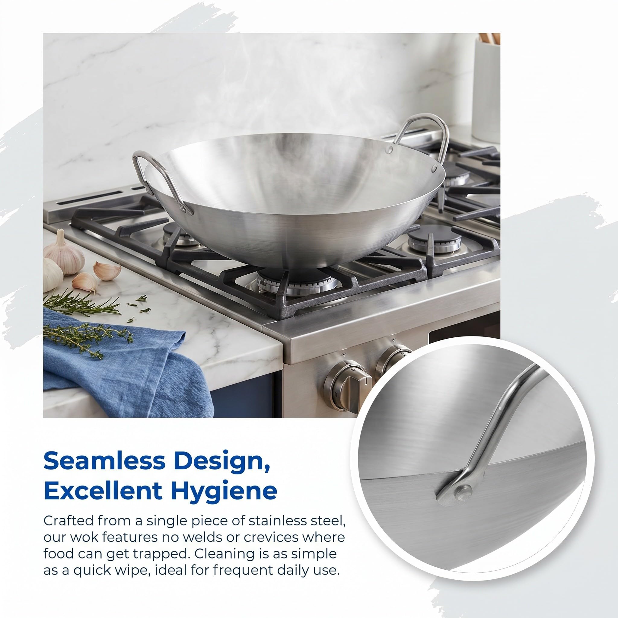 Zerodeko Wok à double poignée en acier inoxydable, wok de cuisson à fond rond, poêle à sauter en métal, poêle à vapeur et à sauter, ustensiles de cuisine traditionnels pour restaurants