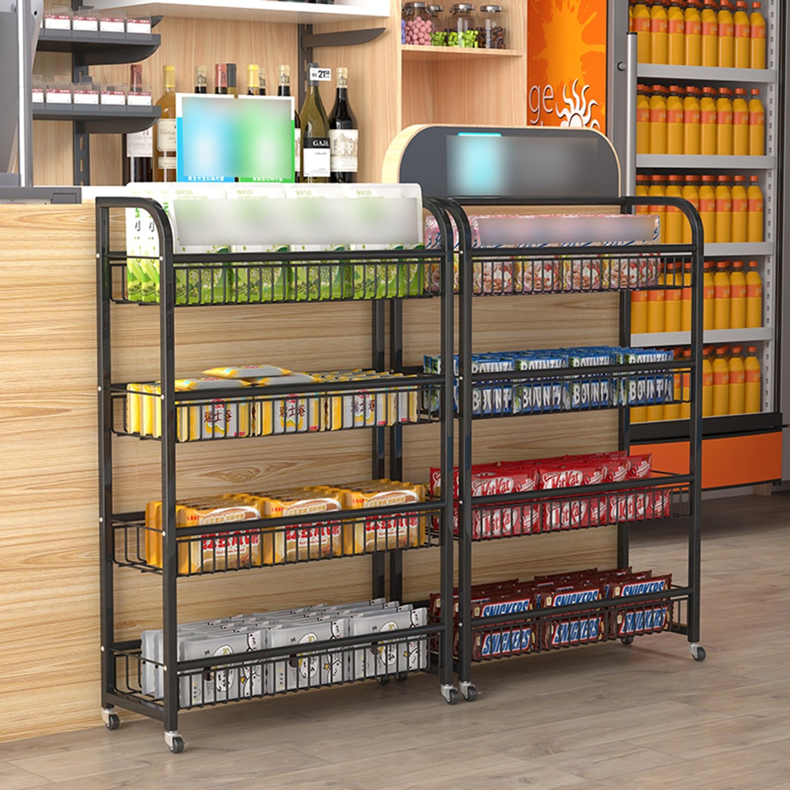 Espositore da pavimento per frutta, verdura e snack, carrello a 4 ripiani con ruote per farmacie, supermercati e negozi di dolciumi, scaffale in filo resistente
