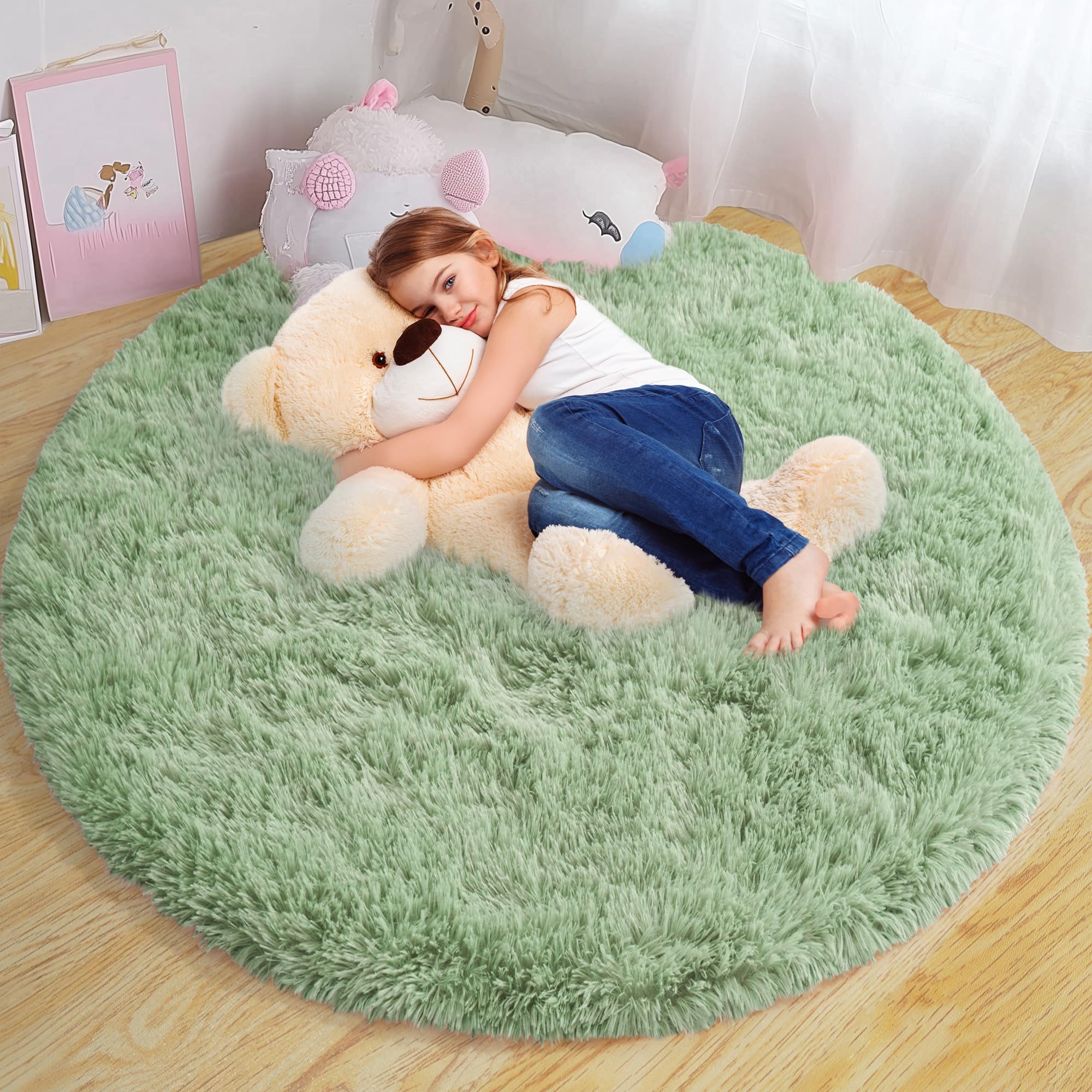 Xexsin Round Fluffy for Bedroom Rugs, 4Ft Sage Green Shag Circle Rug Non-Slip for Kids Girls Boys Bedroom Dorm Nursery Playroom, Soft Cute Area Rugs