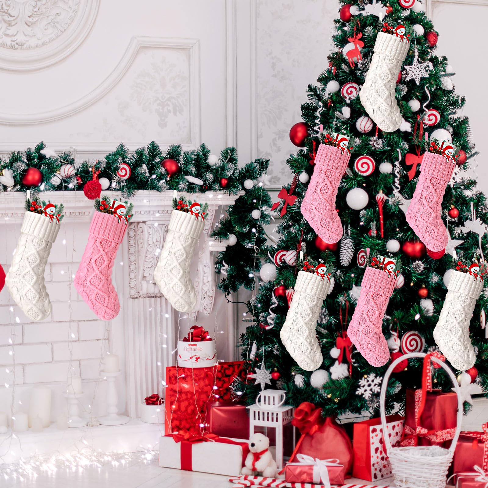 Hungdao 12 Pcs Pink White Christmas Stockings Knitted Xmas Socks Rustic Socks Double Sided Fireplace Hanging Stockings Vintage Christmas Socks for Family Christmas Decoration,(8.3 Inch)