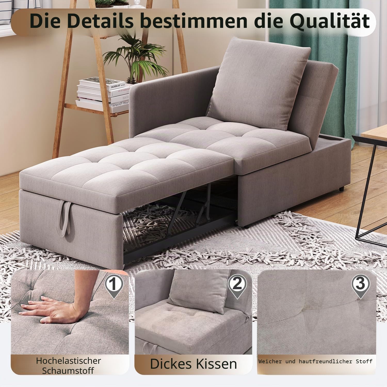 3-in-1-Schlafsofa mit Schlaffunktion, Klappsofa, Sofa Hocker, 5-Fach verstellbare Rückenlehne, Leinenstoffsofa, Schlafsessel für Wohnzimmer & Gästezimmer. (Grau A)