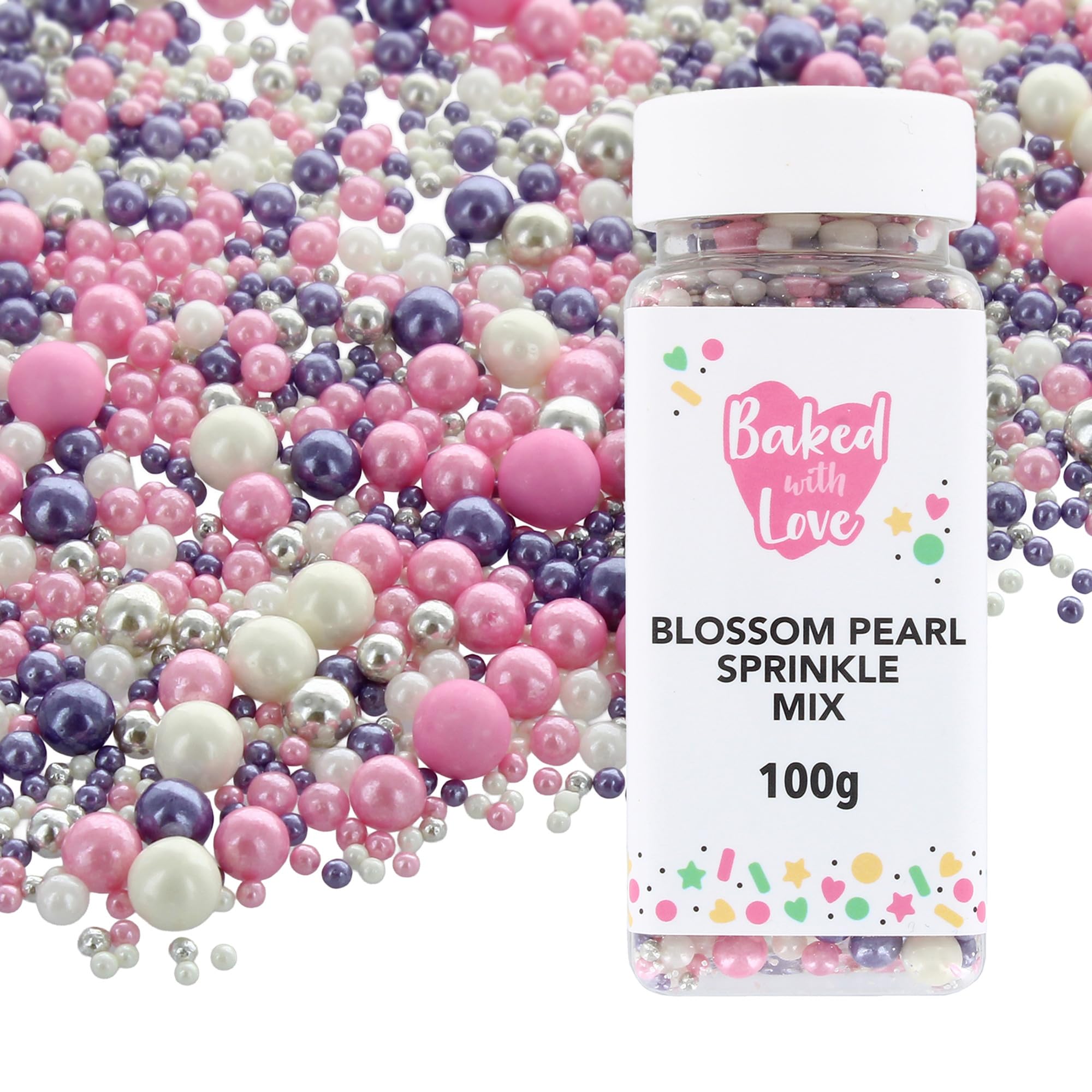 Blossom Pearl Sprinkles By Baked With Love | 100g | Pink, Purple, Silver Sugar Cake Sprinkles, Edible Cake Decorations, Sugar Balls For Cupcakes