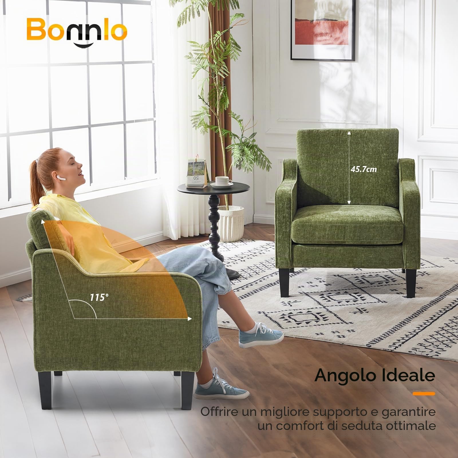 Bonnlo Poltrona Design in Tessuto Chenille, Poltrona Salotto con Gambe in Legno Massello, Poltrocina Camera da Letto per Ufficio e Soggiorno, 76 x 78 x 84cm (Verde)