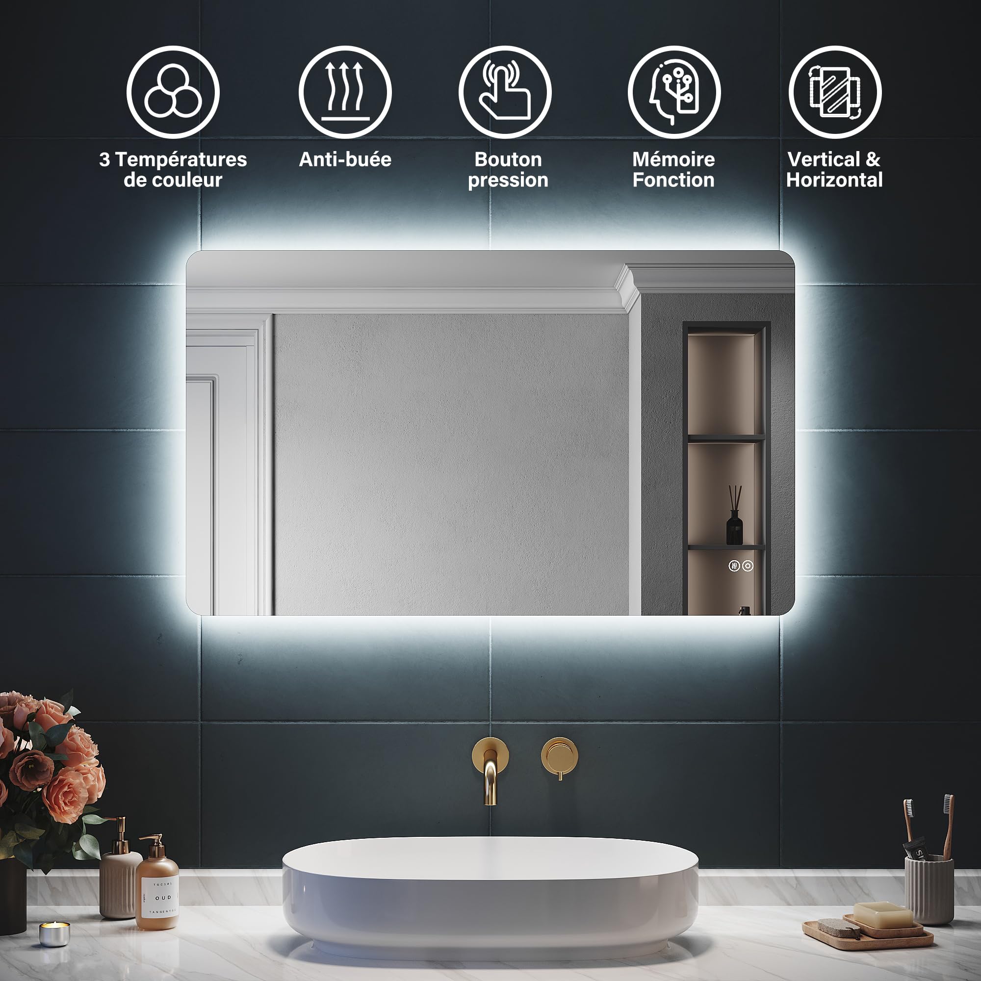 Miroir Salle De Bain Lumineux 100x60cm - LED Dimmable, Anti-Buée, Bluetooth - 3 Tons De Lumière, Mémoire - Horizontal/Vertical