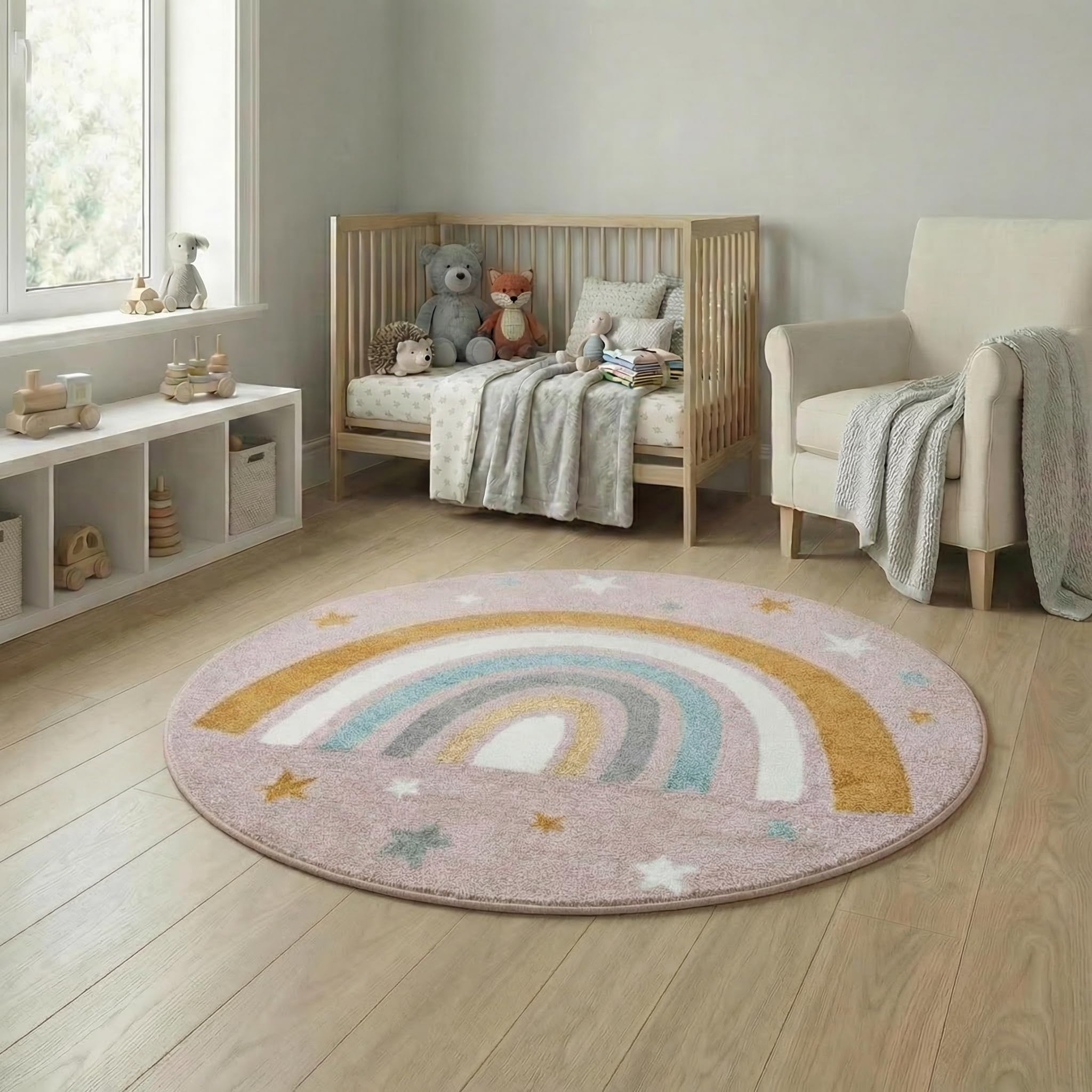 Jimri Kinderteppich DOTS l Pünktchen Gepunktet l Öko-Tex Siegel | Farbe: Beige Blau Rosa | Kinderzimmer/Jugendzimmer (Rosa, Ø 120 cm Rund)