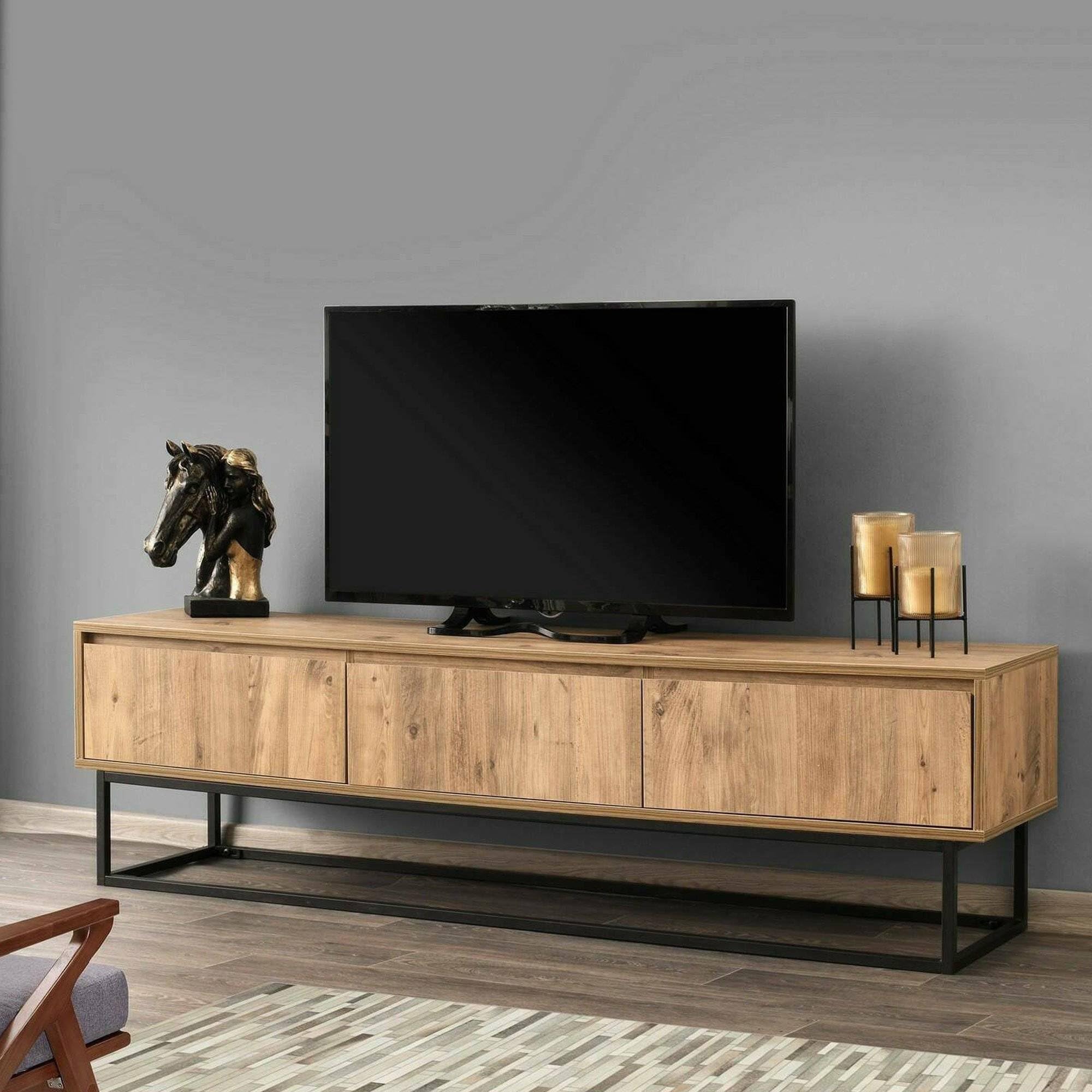Dmora - Mobile porta TV Suhail, Credenza da soggiorno, Armadio basso per TV, Base parete attrezzata, 180x40h50 cm, Quercia e Nero