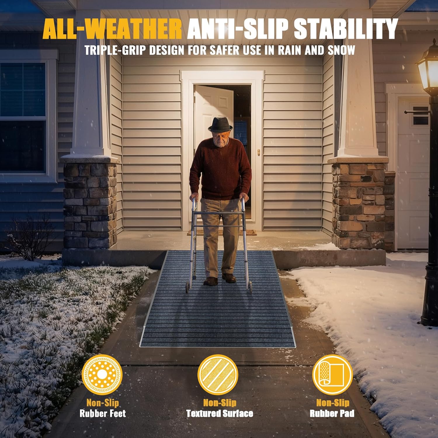 Aluminum Threshold Ramp for Doorways, Adjustable 3.34" to 6.3" Rise, 48" Portable Wheelchair Walker Ramp for Home with Adjustable Leveling Feet and Non-Slip Door Mat, for Steps, Curbs and Entryways