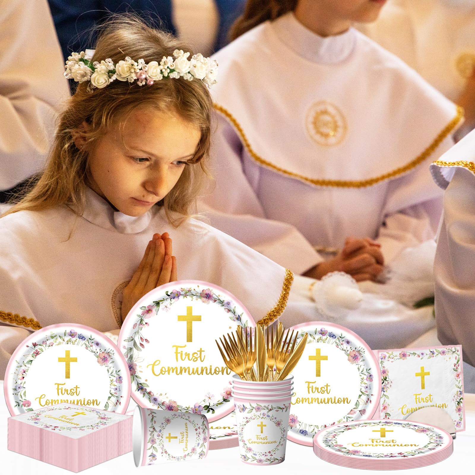 Decoraciones de primera comunión, 150 platos y servilletas rosas de primera comunión, suministros de cumpleaños, suministros de cumpleaños, vajilla de papel para niñas, bautizo, celebración, fiesta de