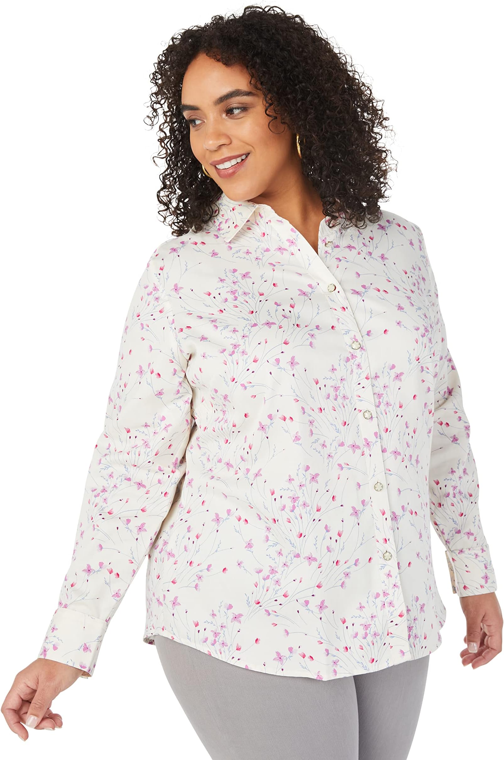 Foxcroft Women's Plus Size Davis Long Sleeves Breezy Floral Blouse, Orchid Bouquet, 16
